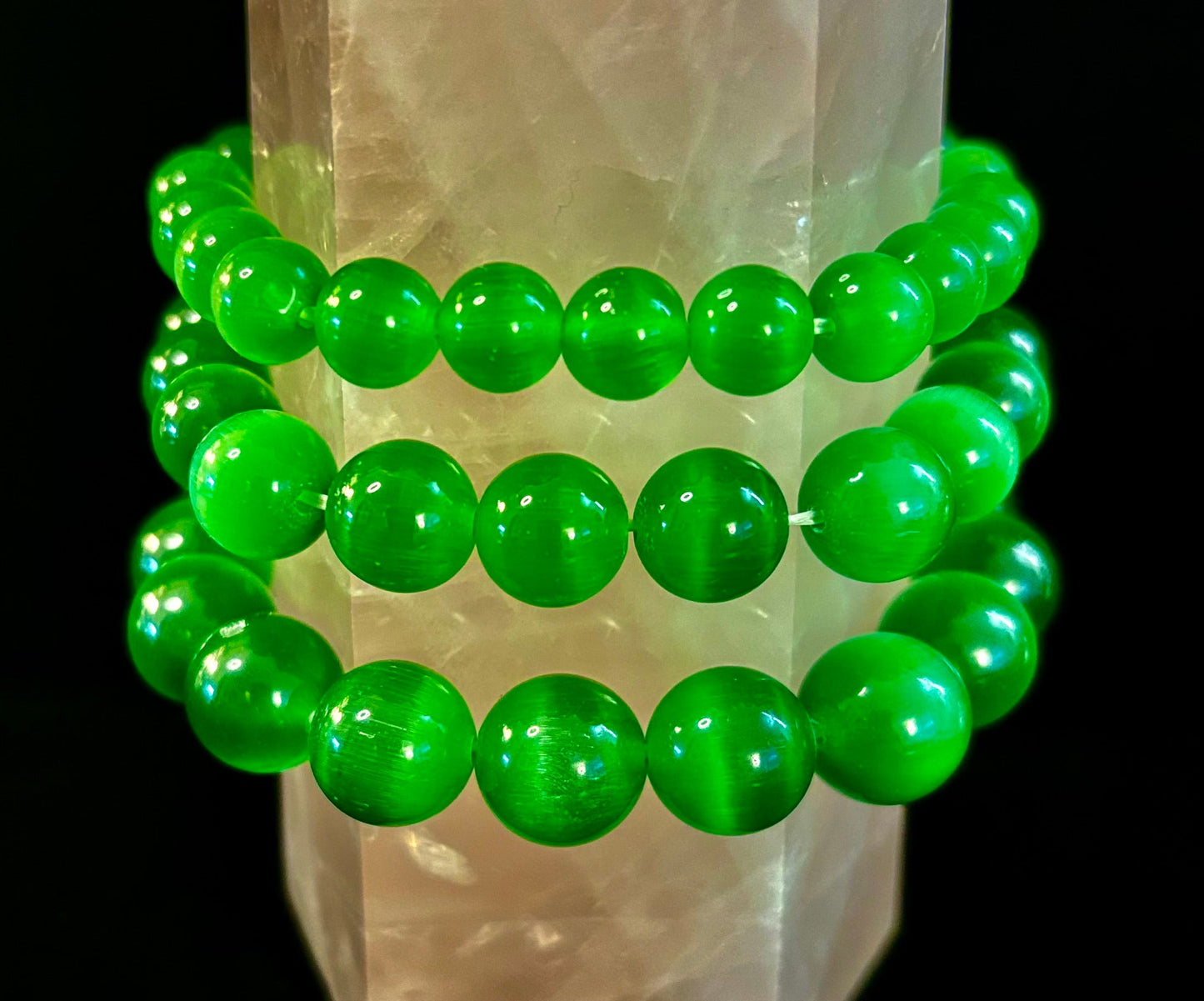 Pulsera de cuentas de cristal de ojo de gato verde (8, 10 y 12 mm para muñecas pequeñas y medianas)