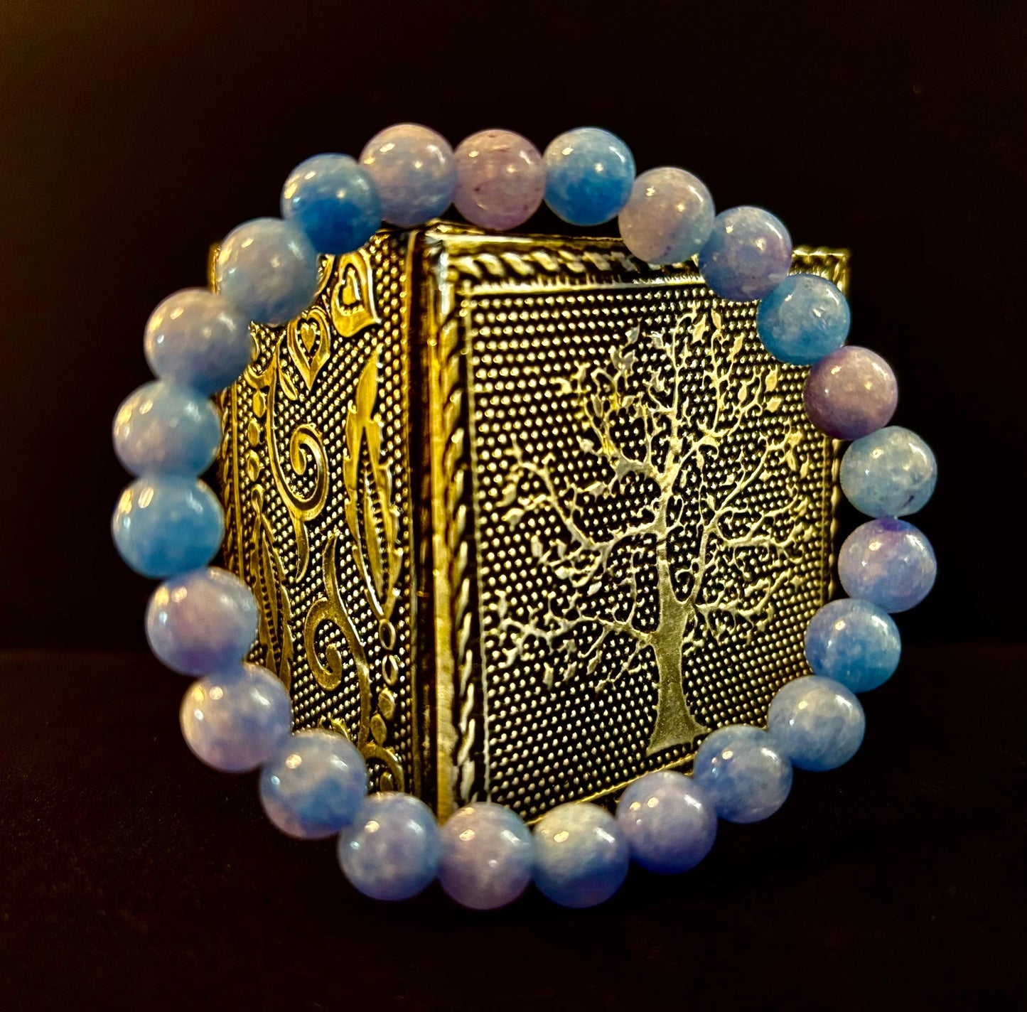 Pulsera de Cuentas de Aguamarina de 8mm y 10mm – Joyería Infundida con Reiki para Calma, Claridad y Comunicación (Muñeca Mediana)