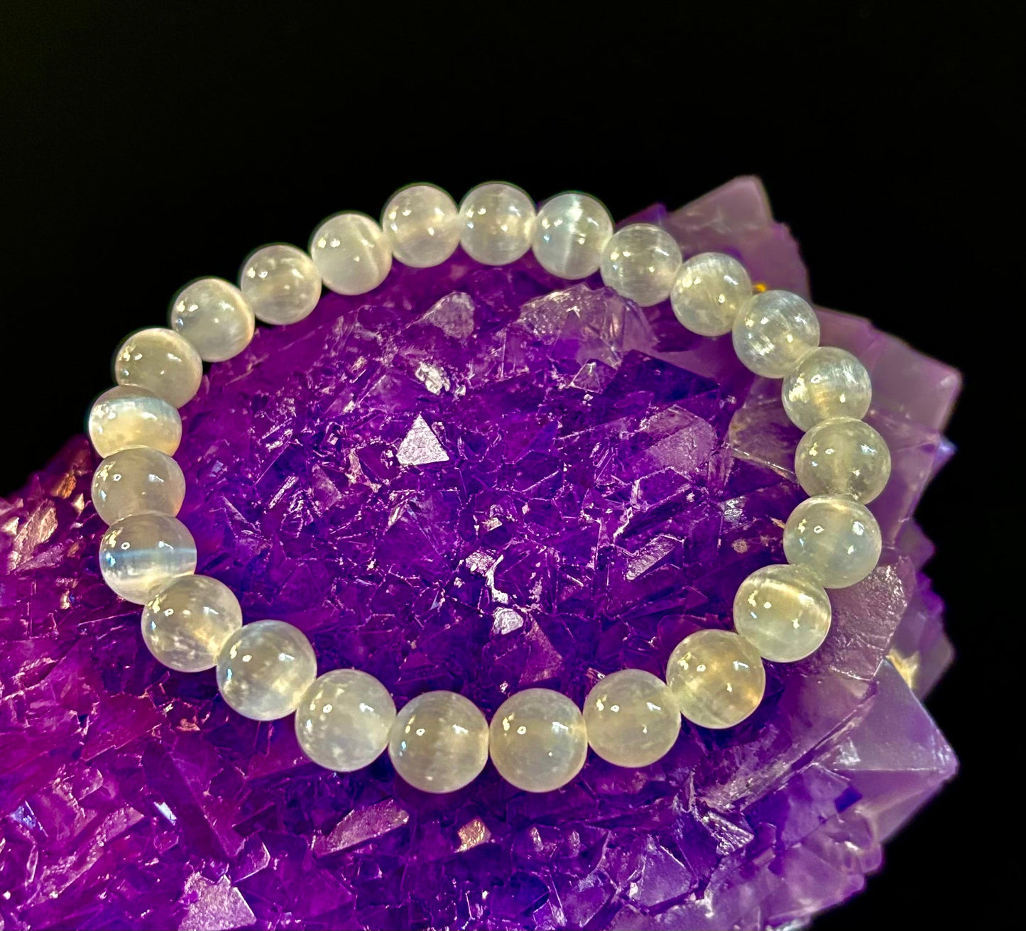 Pulsera Ojo de Gato Blanco – Joyería Reiki para Claridad y Protección (Muñeca Mediana–Grande)