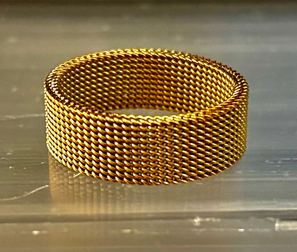 Anillo de malla de acero inoxidable unisex – Banda flexible y moderna en tonos negro, oro rosa y plata