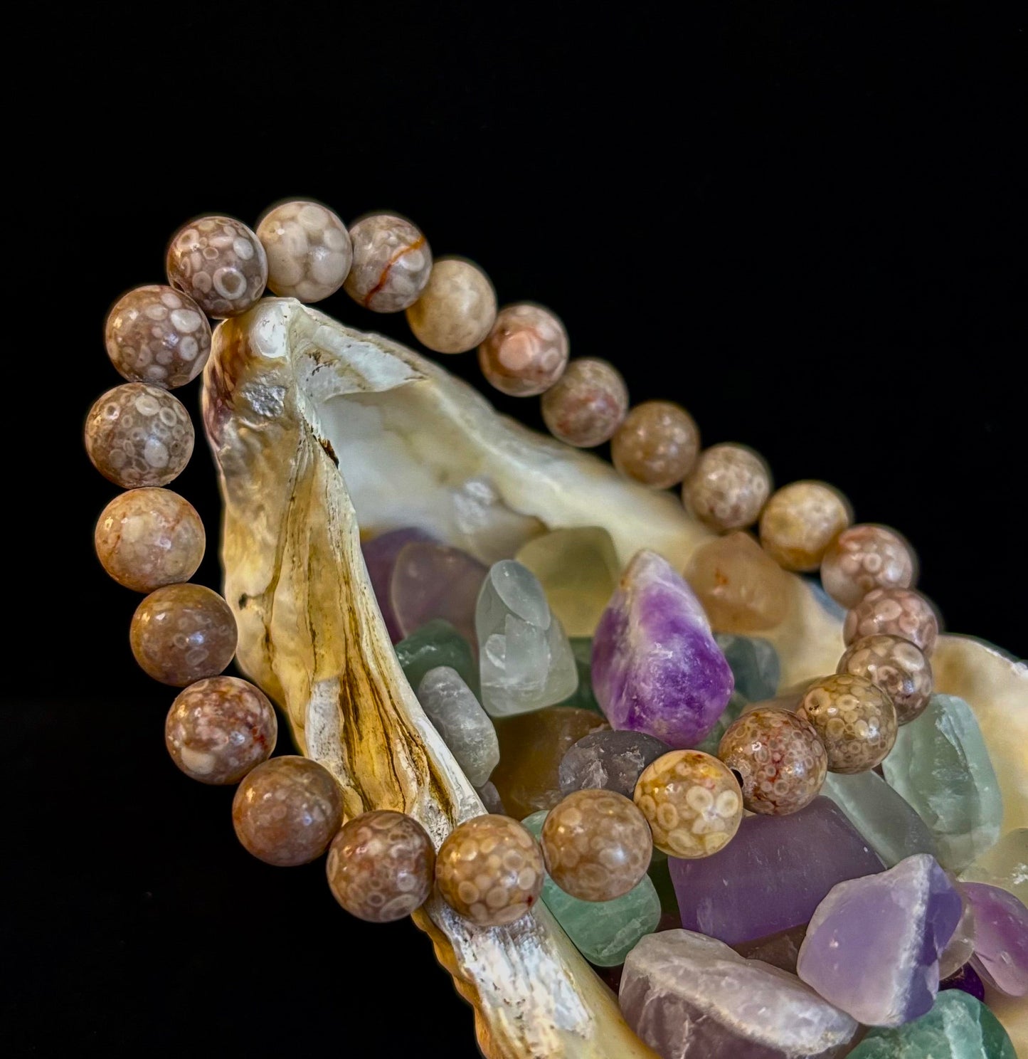 Pulsera de Coral Fósil – Piedra Natural de Enraizamiento para Estabilidad y Calma