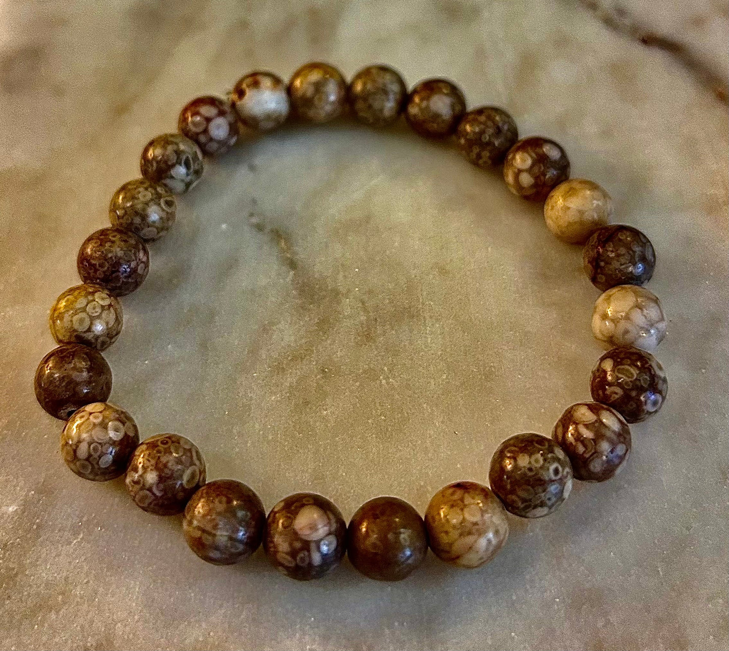 Pulsera de Coral Fósil – Piedra Natural de Enraizamiento para Estabilidad y Calma
