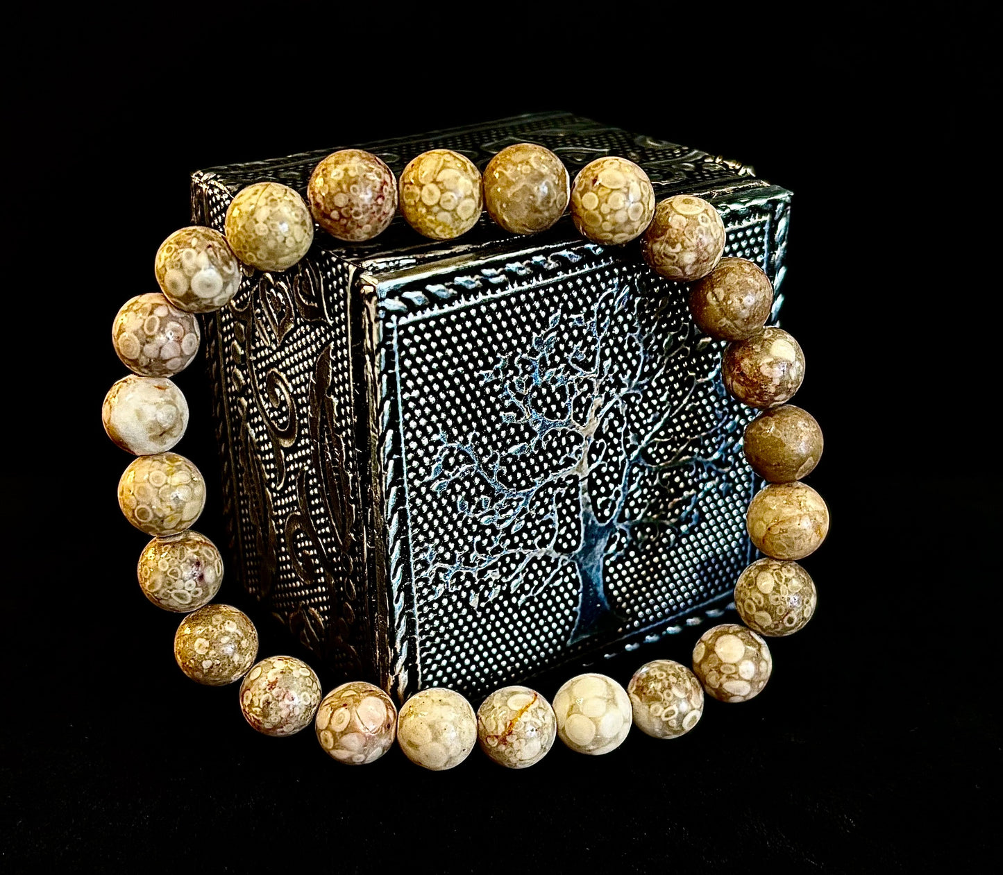 Pulsera de Coral Fósil – Piedra Natural de Enraizamiento para Estabilidad y Calma