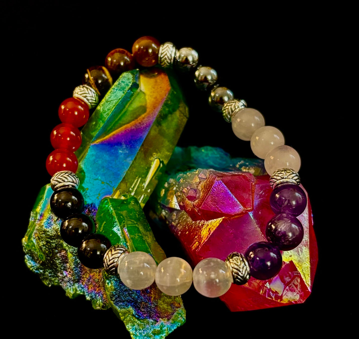 Pulsera de recuperación de adicciones "Renovación y Fortaleza" – Cornalina, Amatista, Cuarzo Rosa, Hematita y Selenita