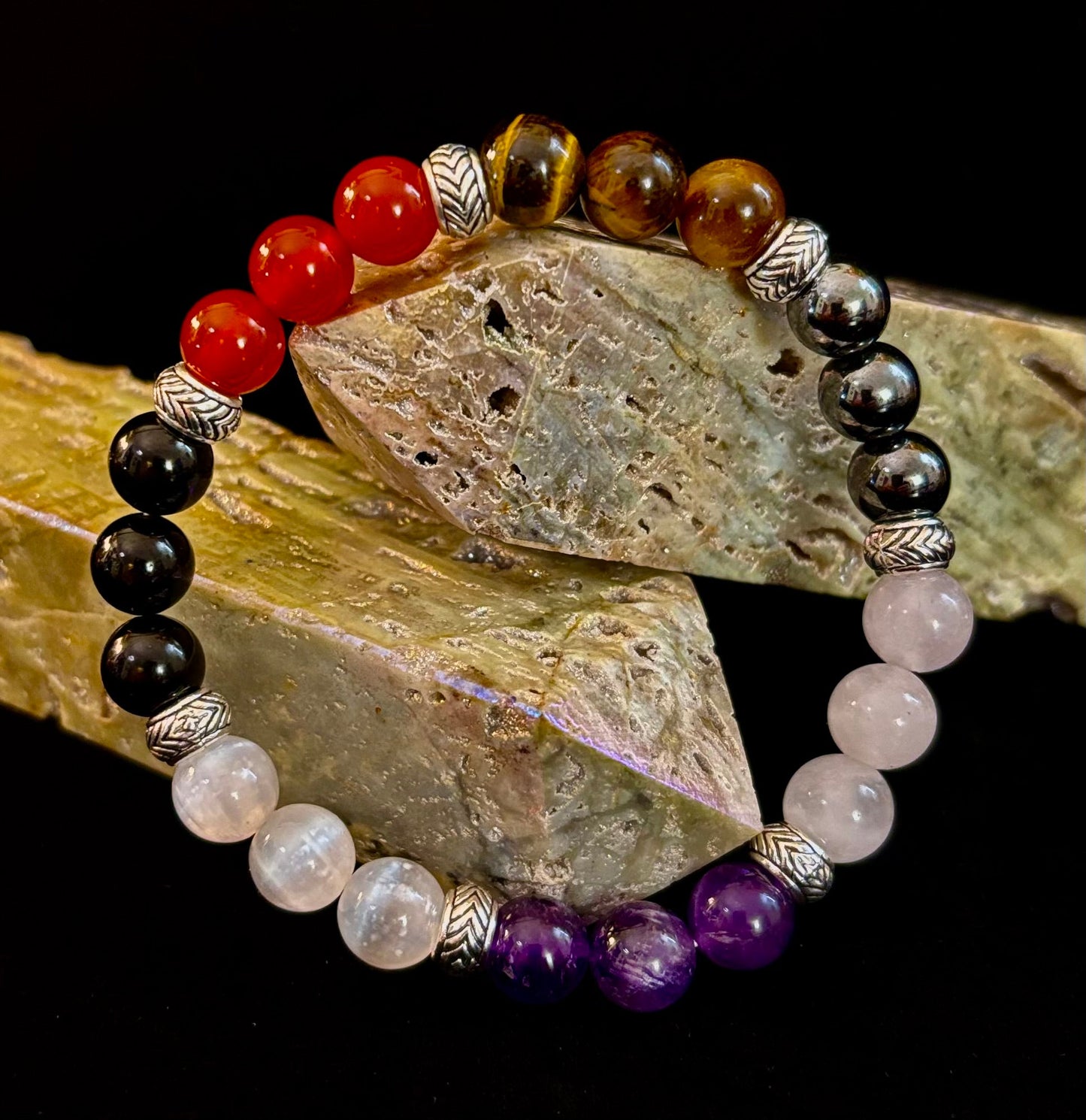 Pulsera de recuperación de adicciones "Renovación y Fortaleza" – Cornalina, Amatista, Cuarzo Rosa, Hematita y Selenita