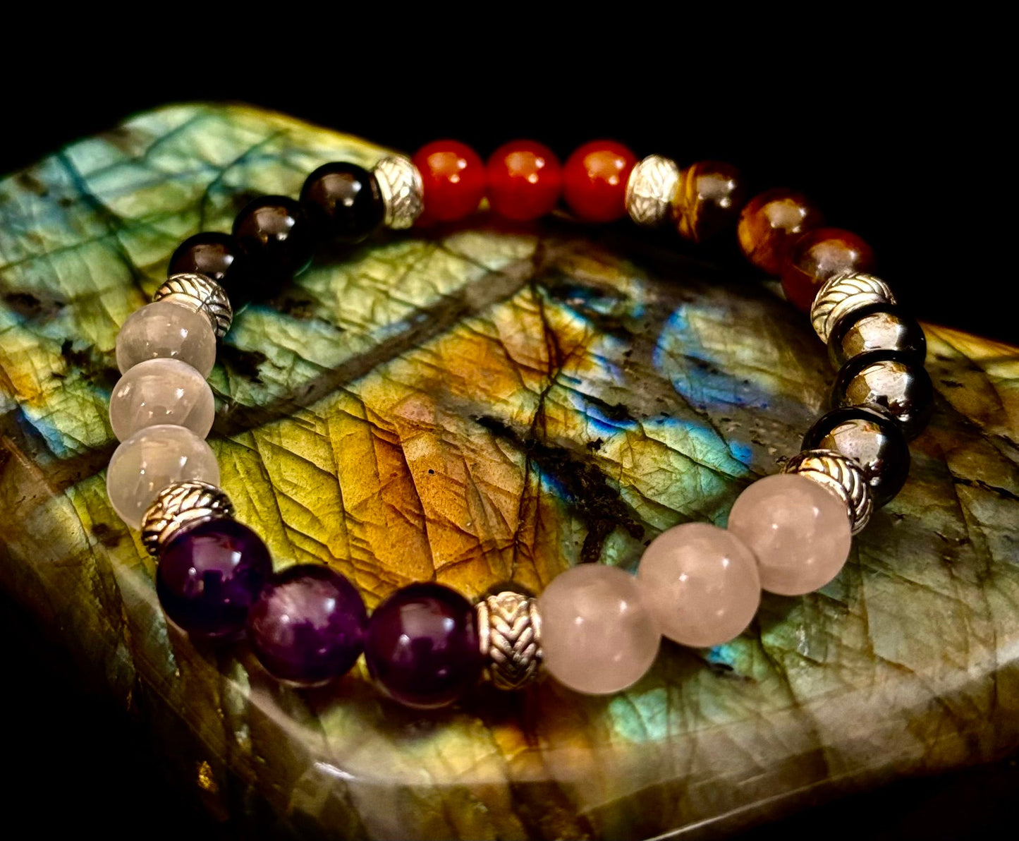 Pulsera de recuperación de adicciones "Renovación y Fortaleza" – Cornalina, Amatista, Cuarzo Rosa, Hematita y Selenita
