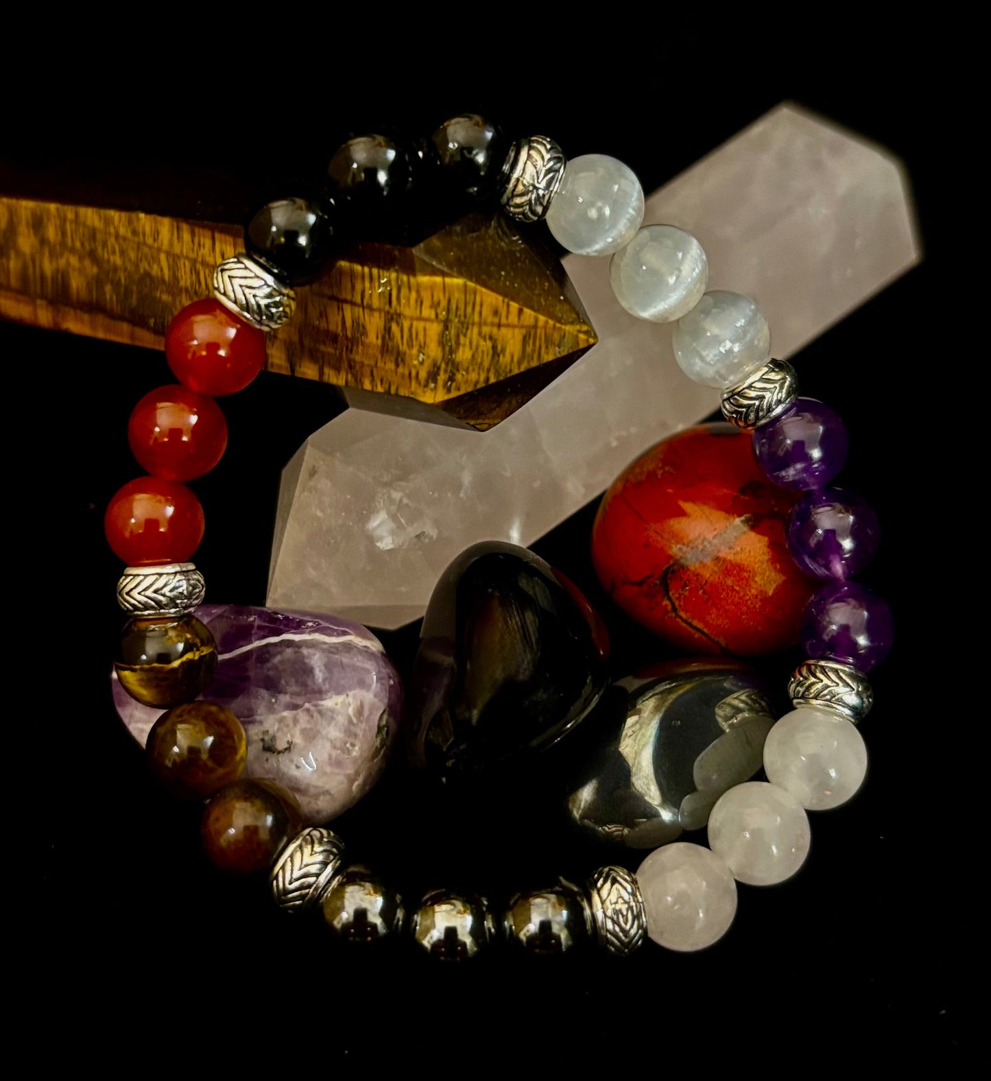 Pulsera de recuperación de adicciones "Renovación y Fortaleza" – Cornalina, Amatista, Cuarzo Rosa, Hematita y Selenita