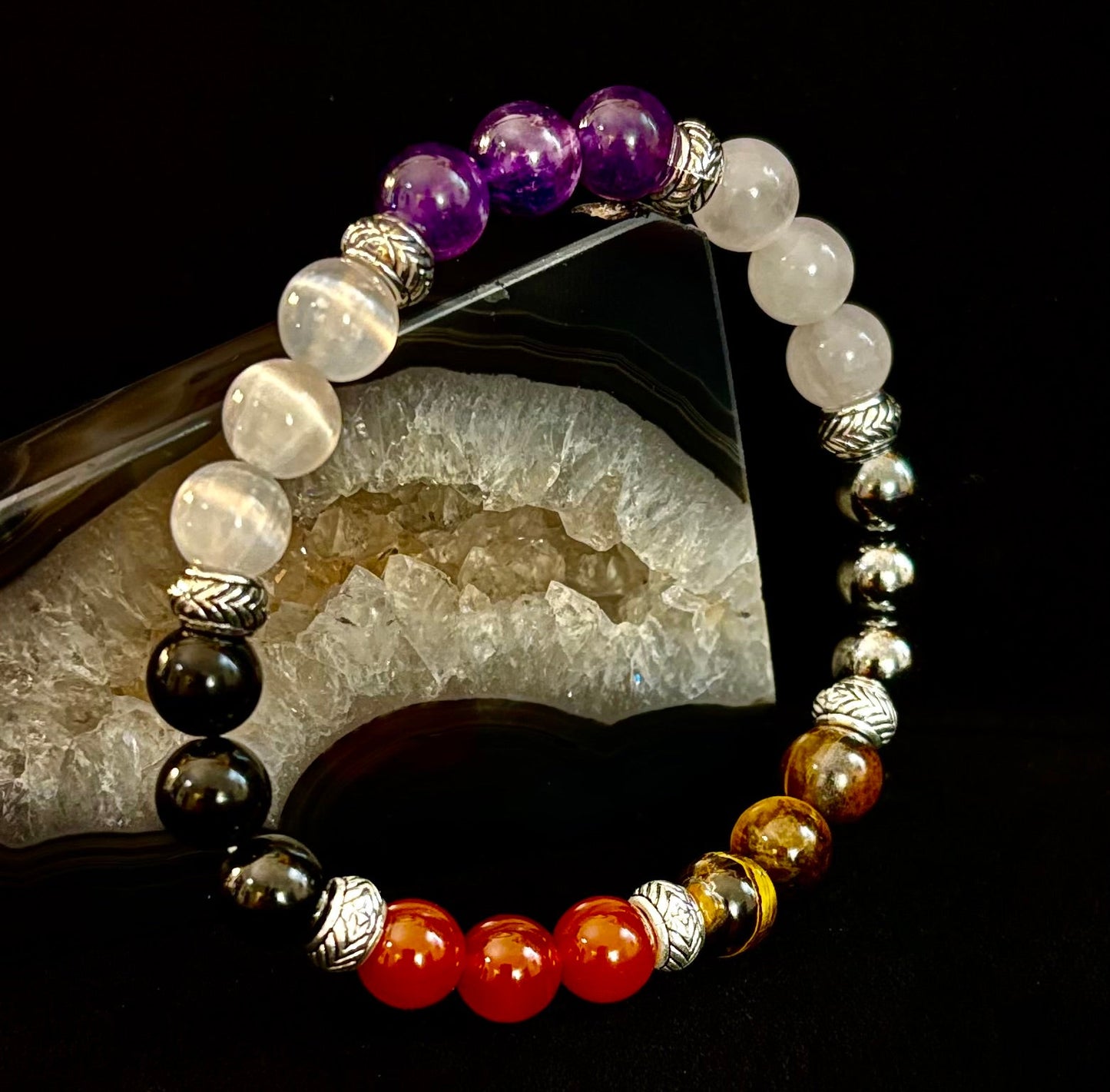 Pulsera de recuperación de adicciones "Renovación y Fortaleza" – Cornalina, Amatista, Cuarzo Rosa, Hematita y Selenita