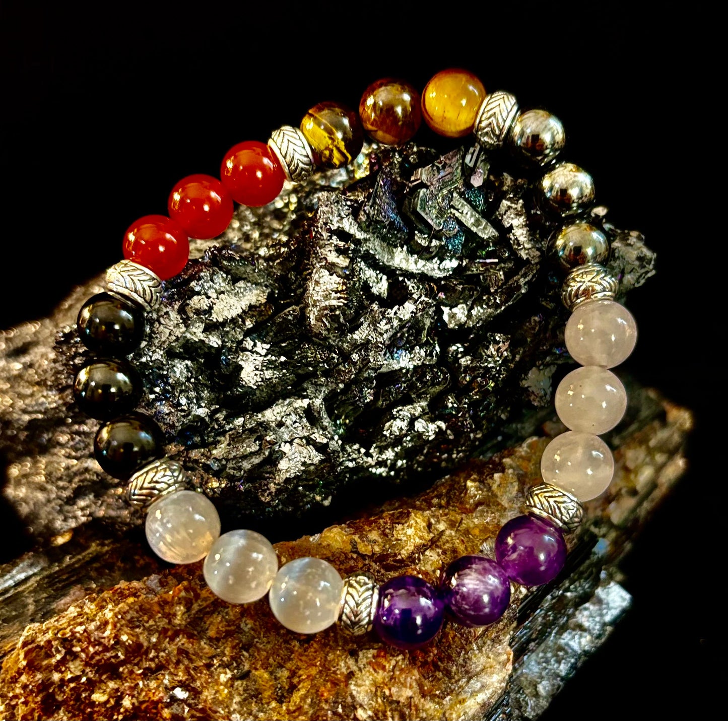 Pulsera de recuperación de adicciones "Renovación y Fortaleza" – Cornalina, Amatista, Cuarzo Rosa, Hematita y Selenita