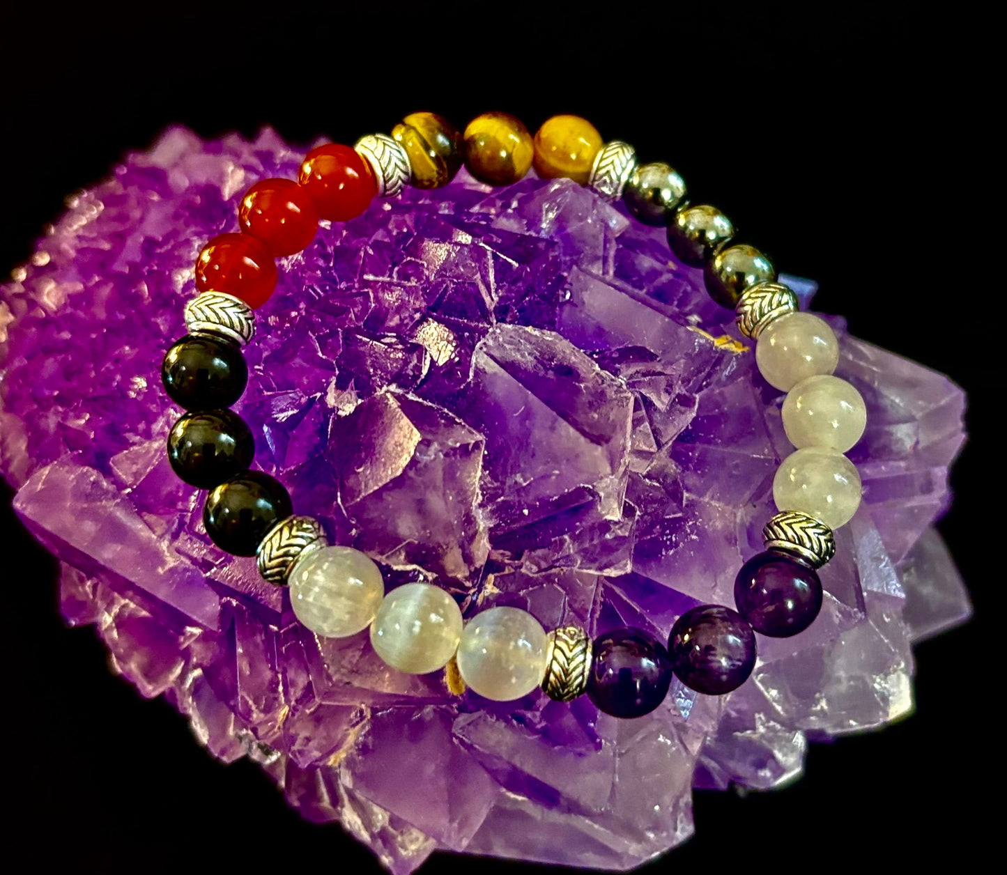Pulsera de recuperación de adicciones "Renovación y Fortaleza" – Cornalina, Amatista, Cuarzo Rosa, Hematita y Selenita