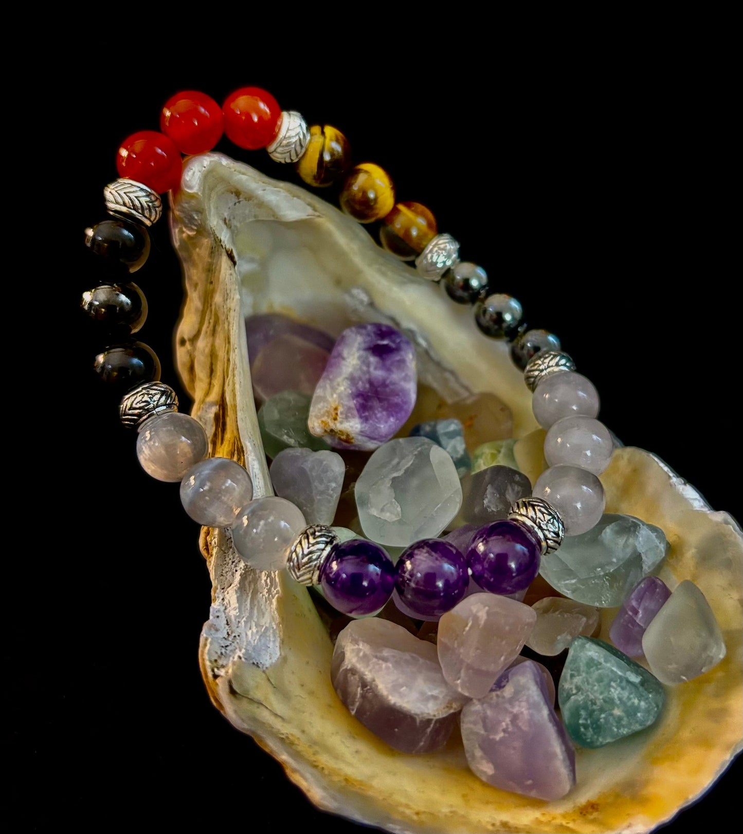 Pulsera de recuperación de adicciones "Renovación y Fortaleza" – Cornalina, Amatista, Cuarzo Rosa, Hematita y Selenita