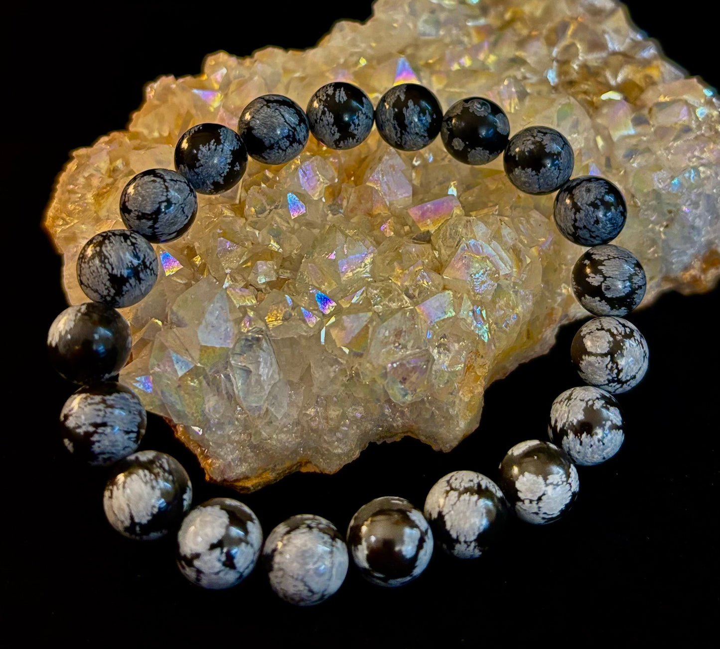 Pulsera de obsidiana copo de nieve con reiki – Protección, enraizamiento y equilibrio emocional de 10 mm (para muñecas medianas y grandes)