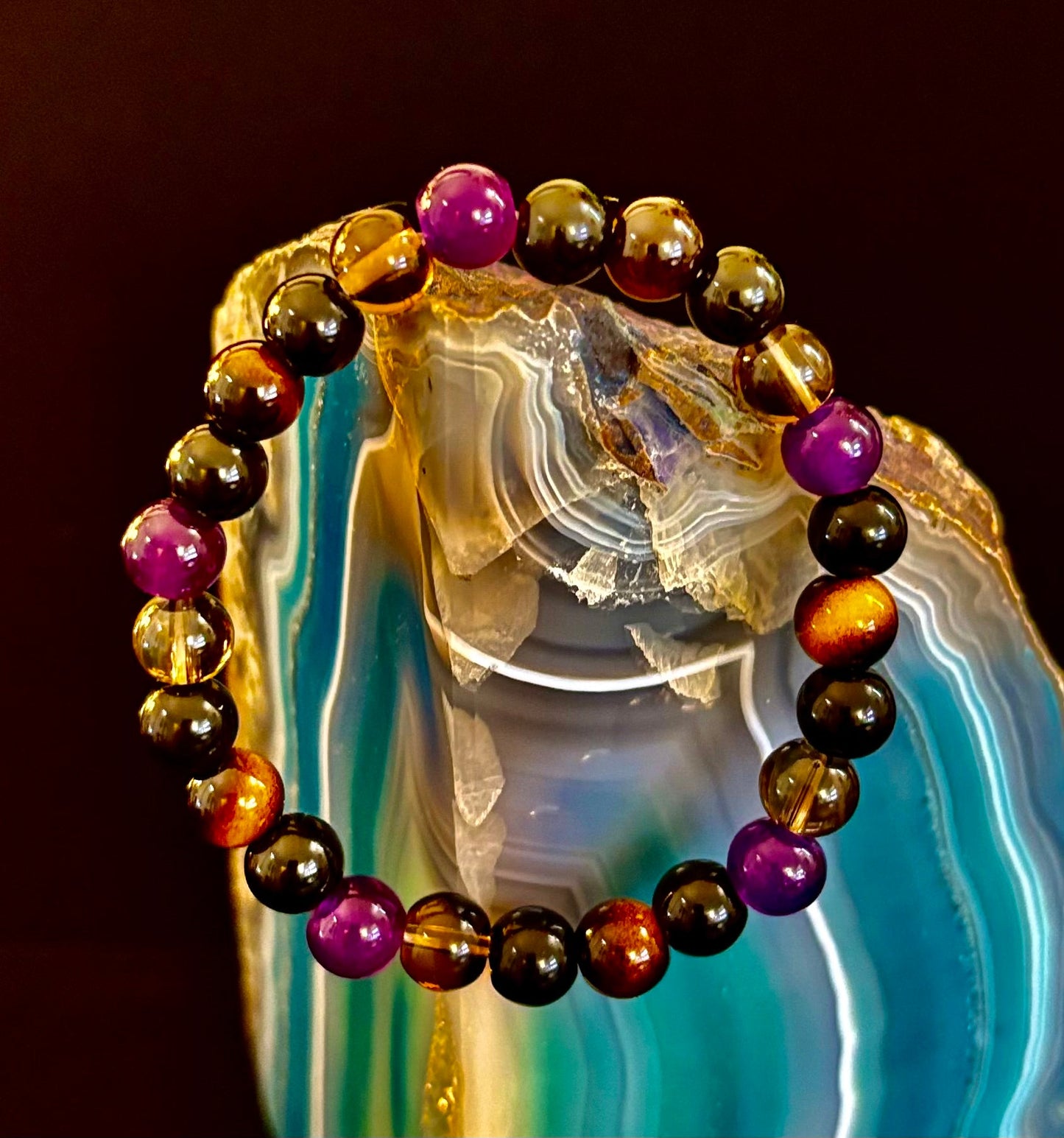 Pulsera Enfoque Tranquilo – Amatista, Ojo de Tigre y Cuarzo Ahumado