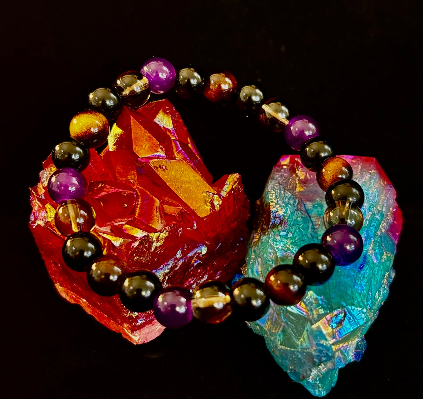 Pulsera Enfoque Tranquilo – Amatista, Ojo de Tigre y Cuarzo Ahumado
