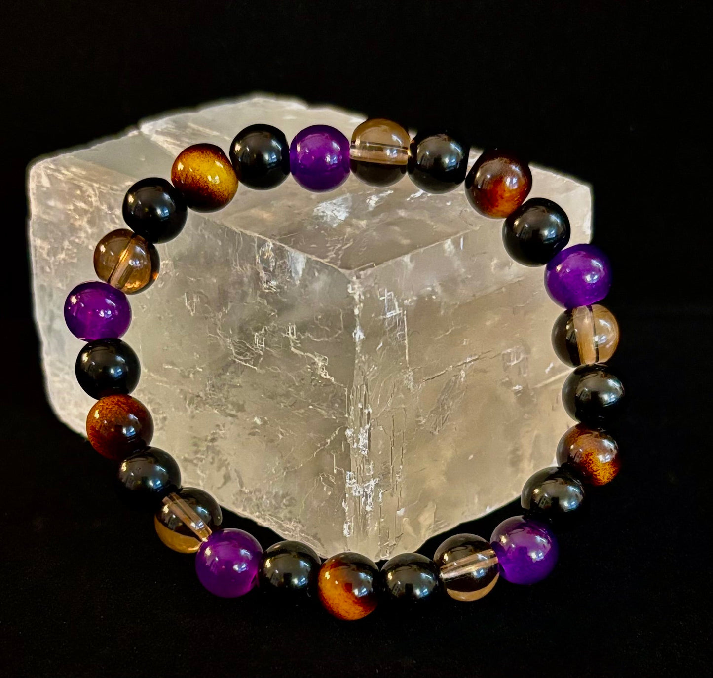Pulsera Enfoque Tranquilo – Amatista, Ojo de Tigre y Cuarzo Ahumado