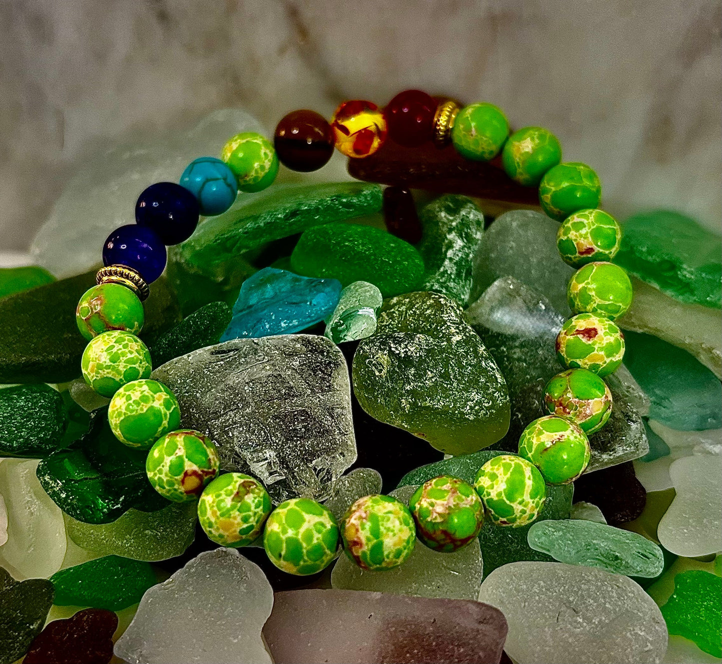 Pulsera Curativa de 7 Chakras con Jaspe Sedimentario Verde – Equilibrio, Alineación y Enraizamiento