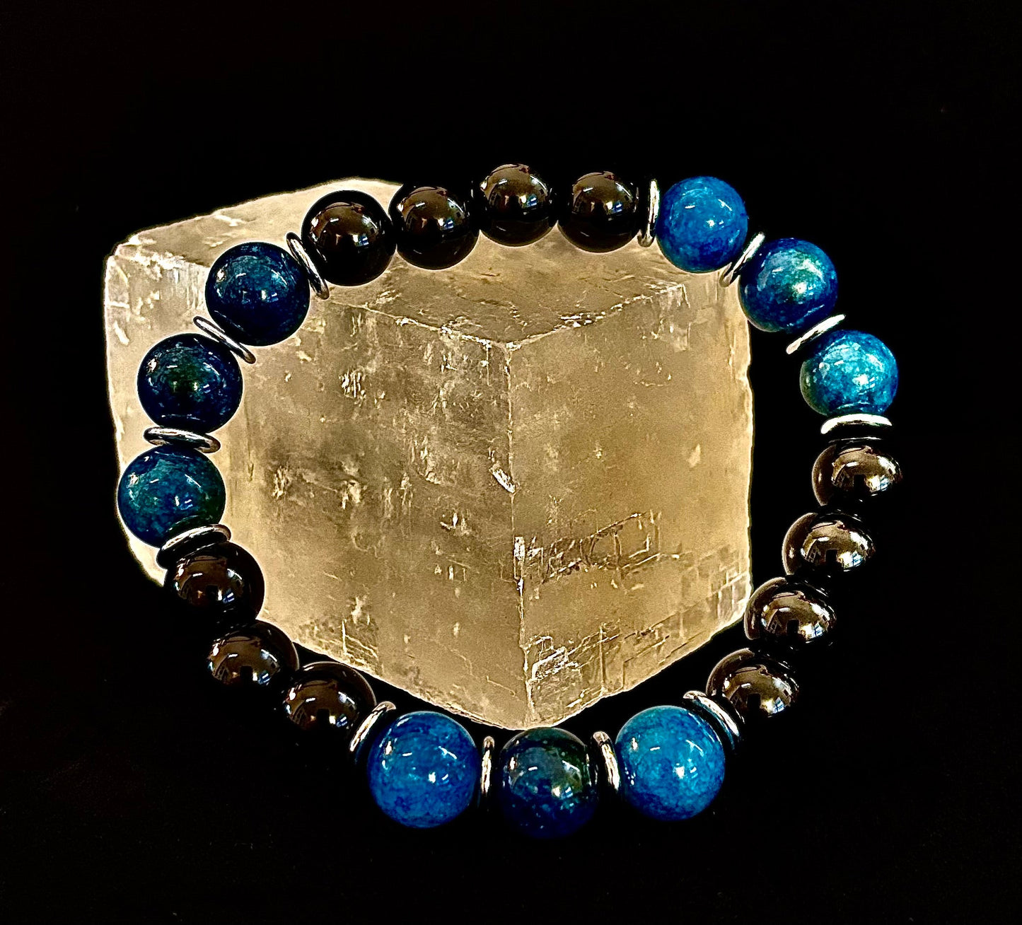 Pulsera Guardián – Pulsera Protectora de Apatita Azul y Obsidiana Negra
