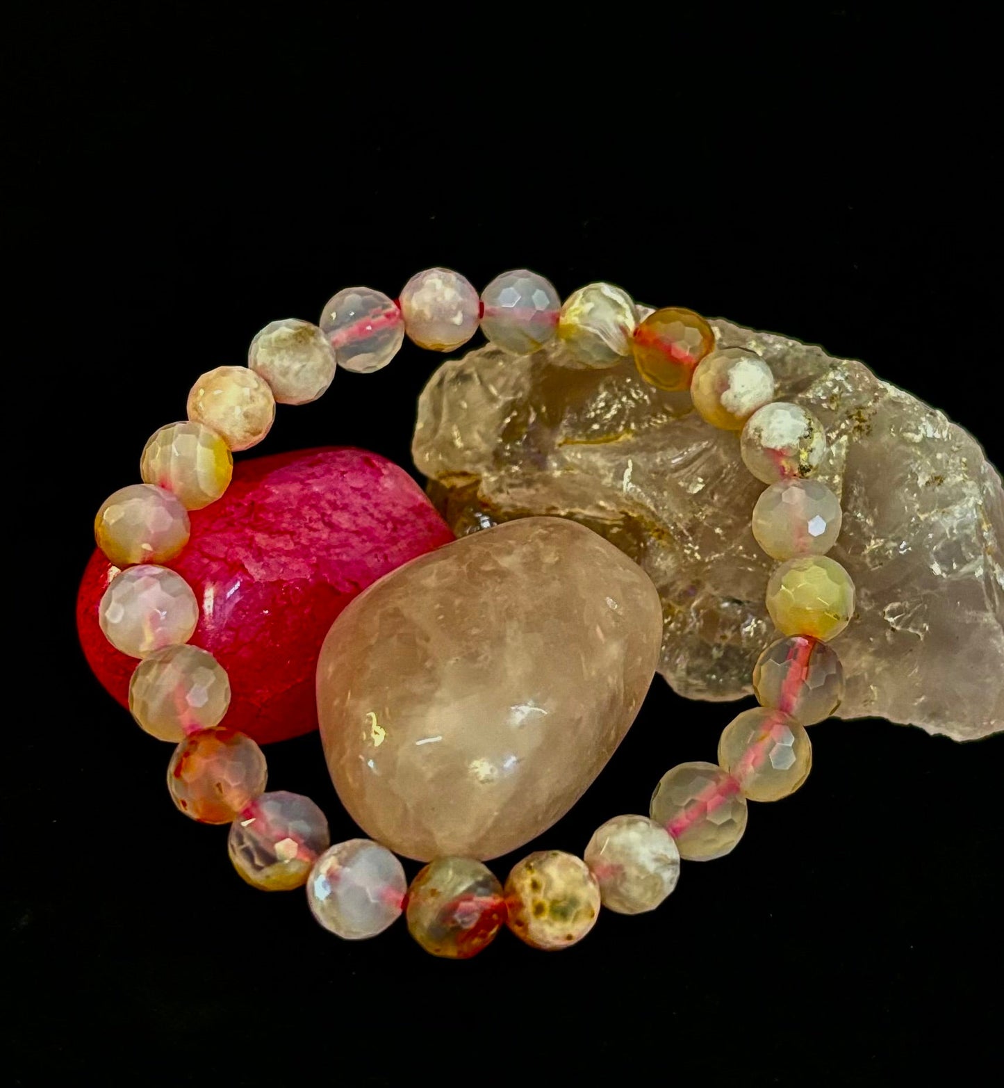 🌸 Pulsera de ágata de flor de cerezo tallada en poliedro – 8 mm (Muñeca mediana)