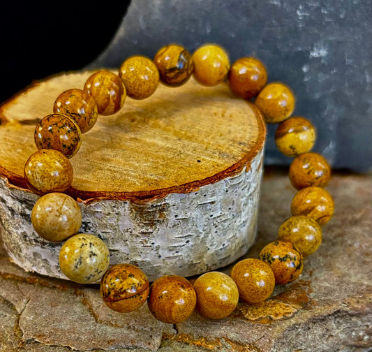 Pulsera de jaspe con imagen Viaje Terrestre – Infusión Reiki de 10mm (Muñecas Medianas-Grandes)