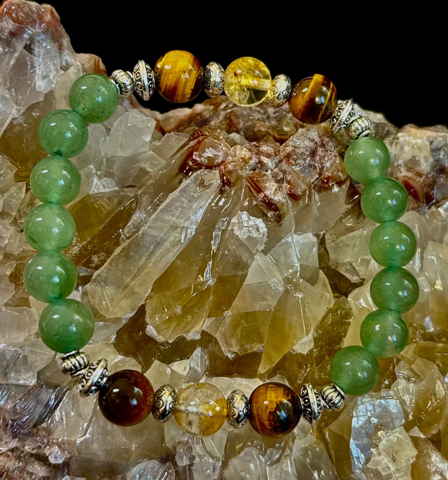 Pulsera de Intención Abundancia y Suerte – Citrino, Ojo de Tigre y Aventurina Verde Infusionados con Reiki