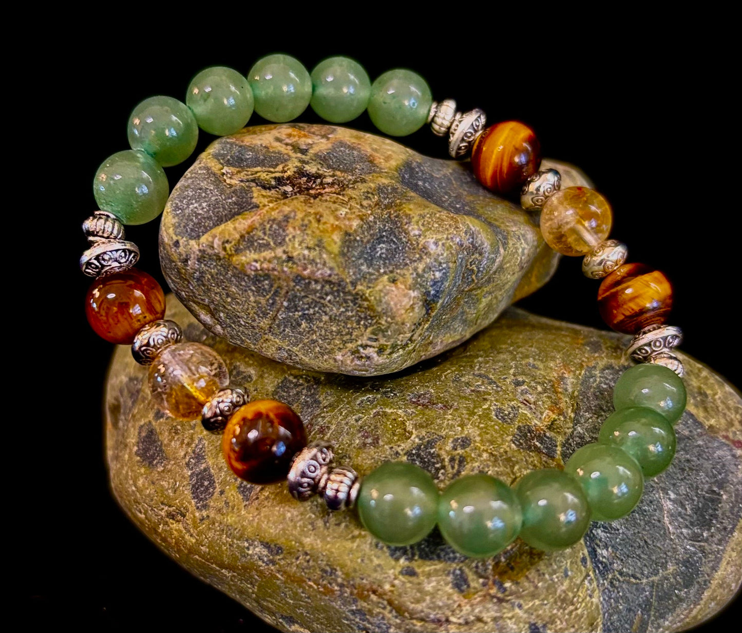 Pulsera de Intención Abundancia y Suerte – Citrino, Ojo de Tigre y Aventurina Verde Infusionados con Reiki