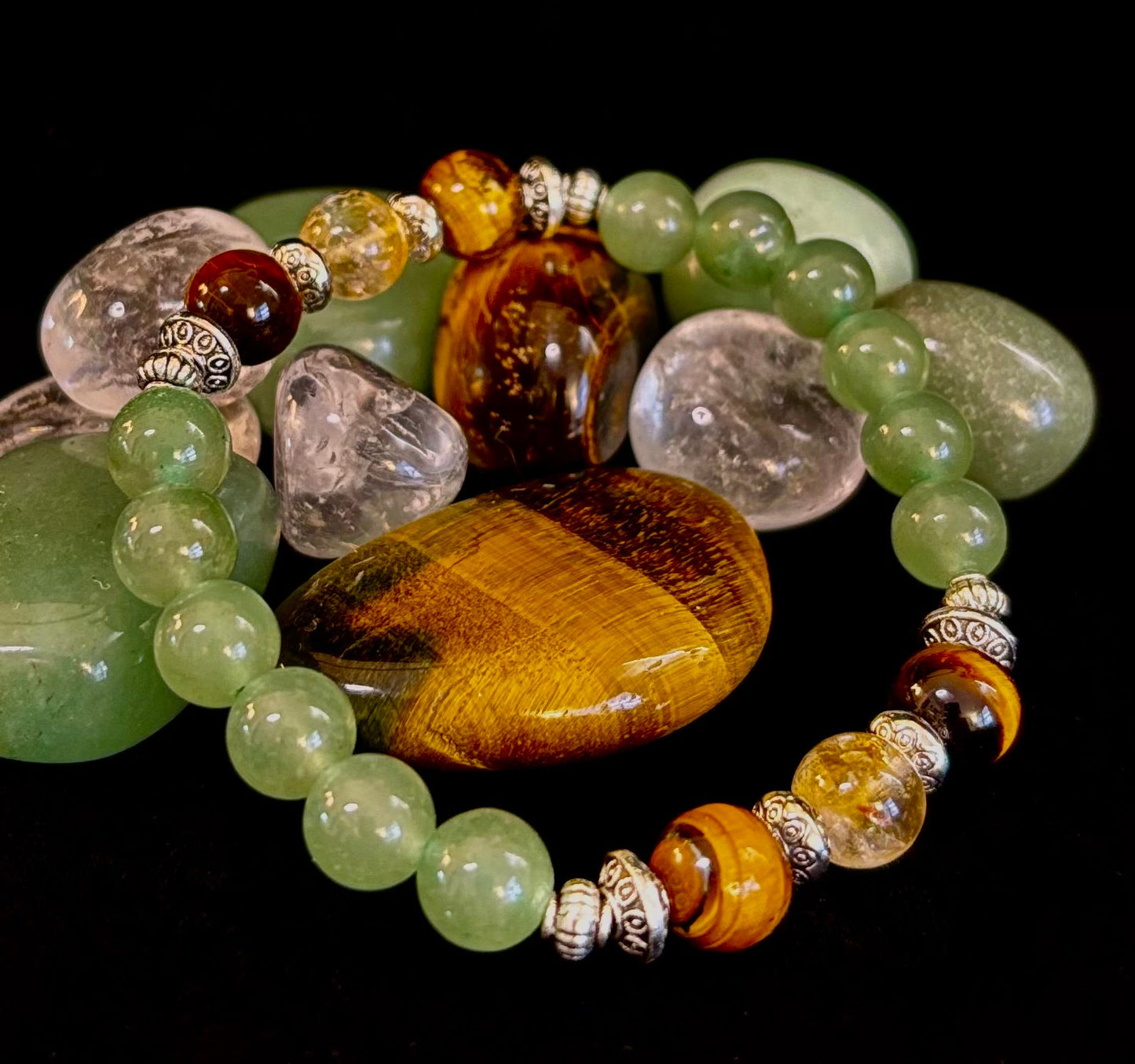 Pulsera de Intención Abundancia y Suerte – Citrino, Ojo de Tigre y Aventurina Verde Infusionados con Reiki