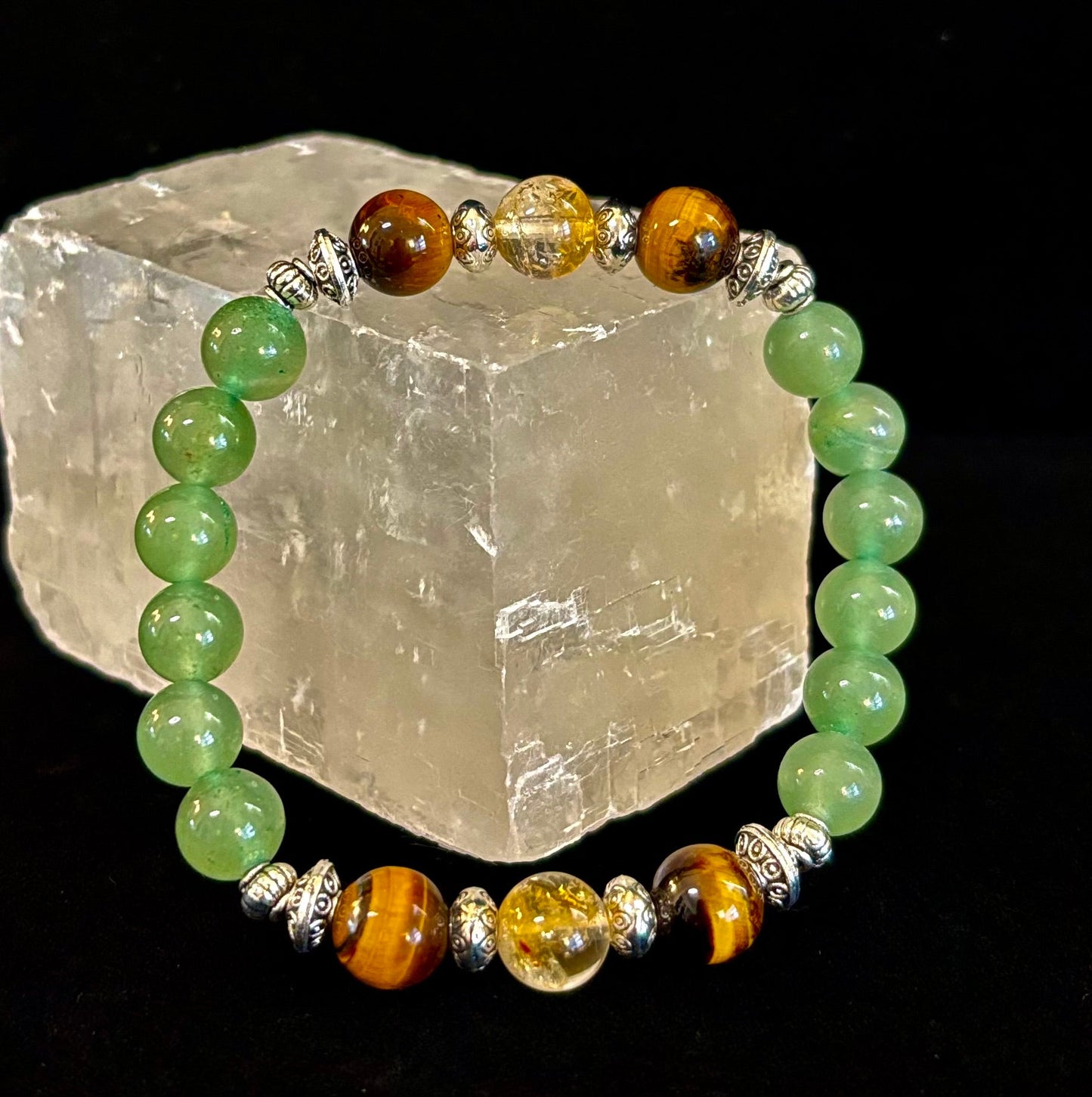Pulsera de Intención Abundancia y Suerte – Citrino, Ojo de Tigre y Aventurina Verde Infusionados con Reiki