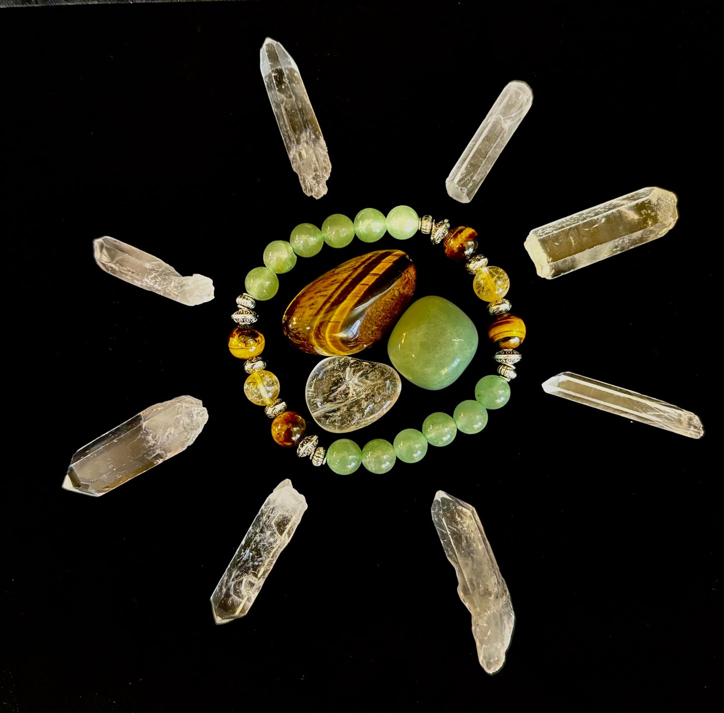 Pulsera de Intención Abundancia y Suerte – Citrino, Ojo de Tigre y Aventurina Verde Infusionados con Reiki