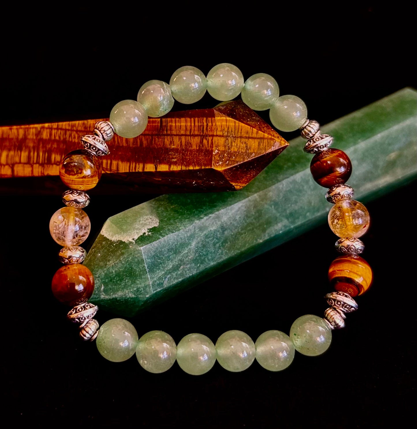 Pulsera de Intención Abundancia y Suerte – Citrino, Ojo de Tigre y Aventurina Verde Infusionados con Reiki