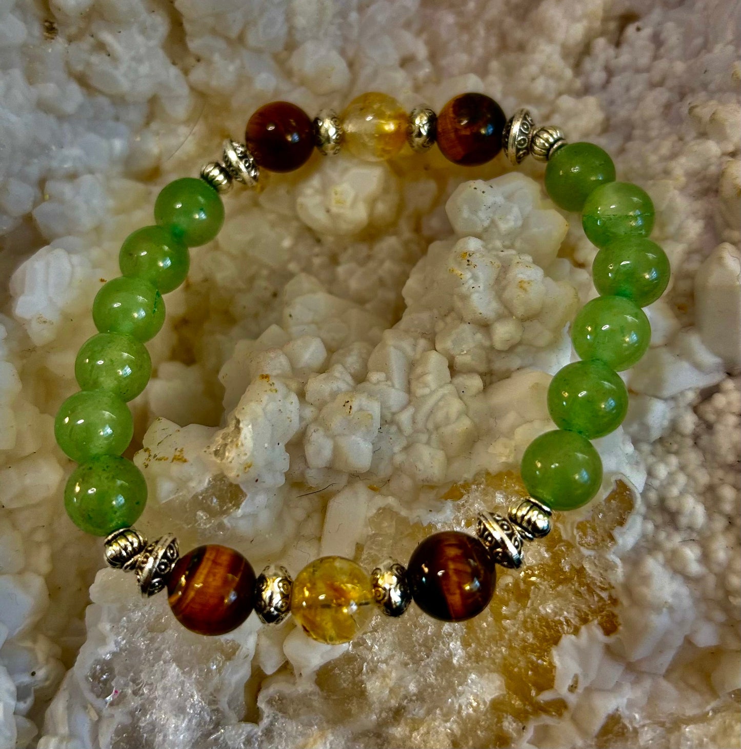 Pulsera de Intención Abundancia y Suerte – Citrino, Ojo de Tigre y Aventurina Verde Infusionados con Reiki