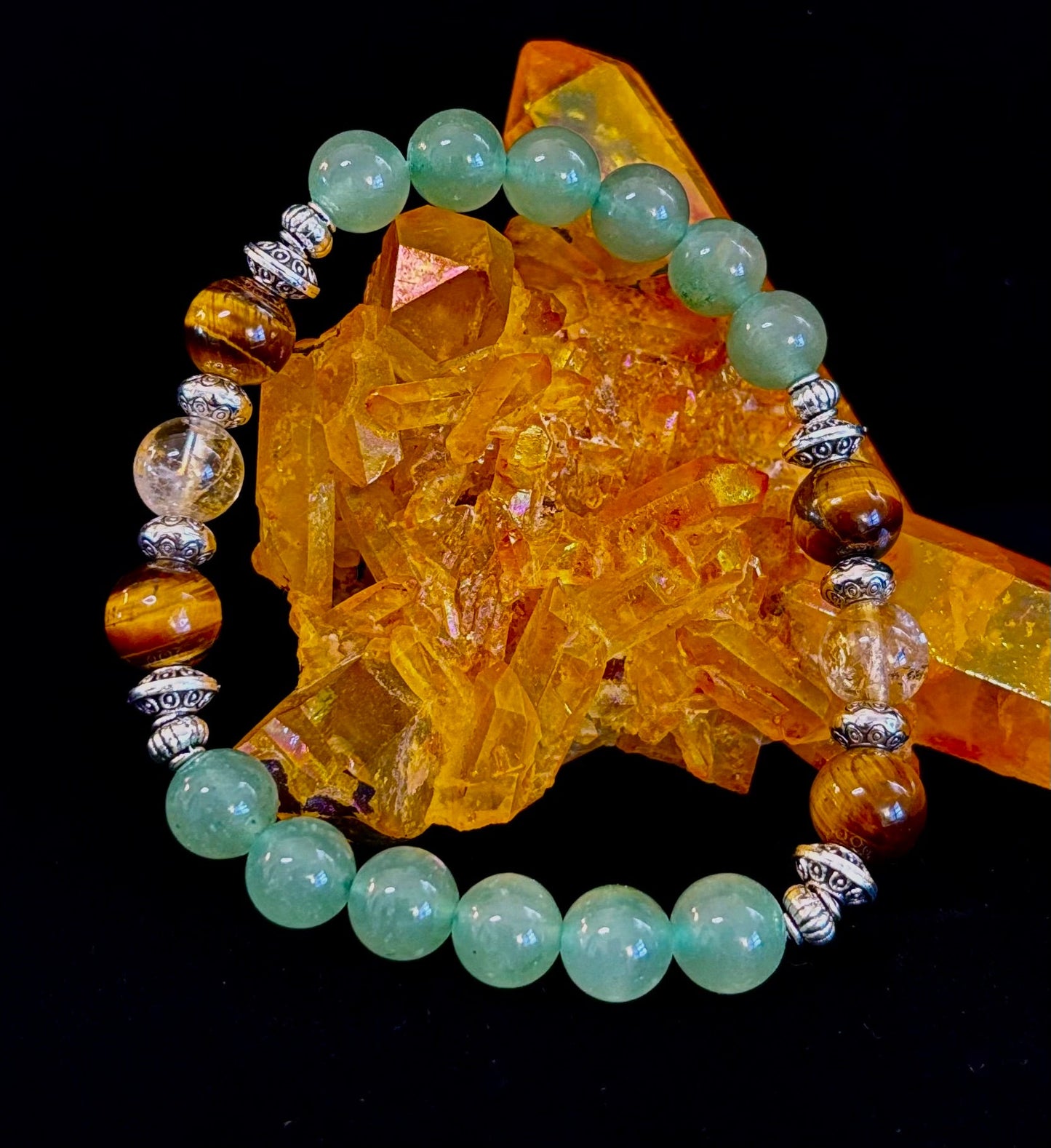 Pulsera de Intención Abundancia y Suerte – Citrino, Ojo de Tigre y Aventurina Verde Infusionados con Reiki