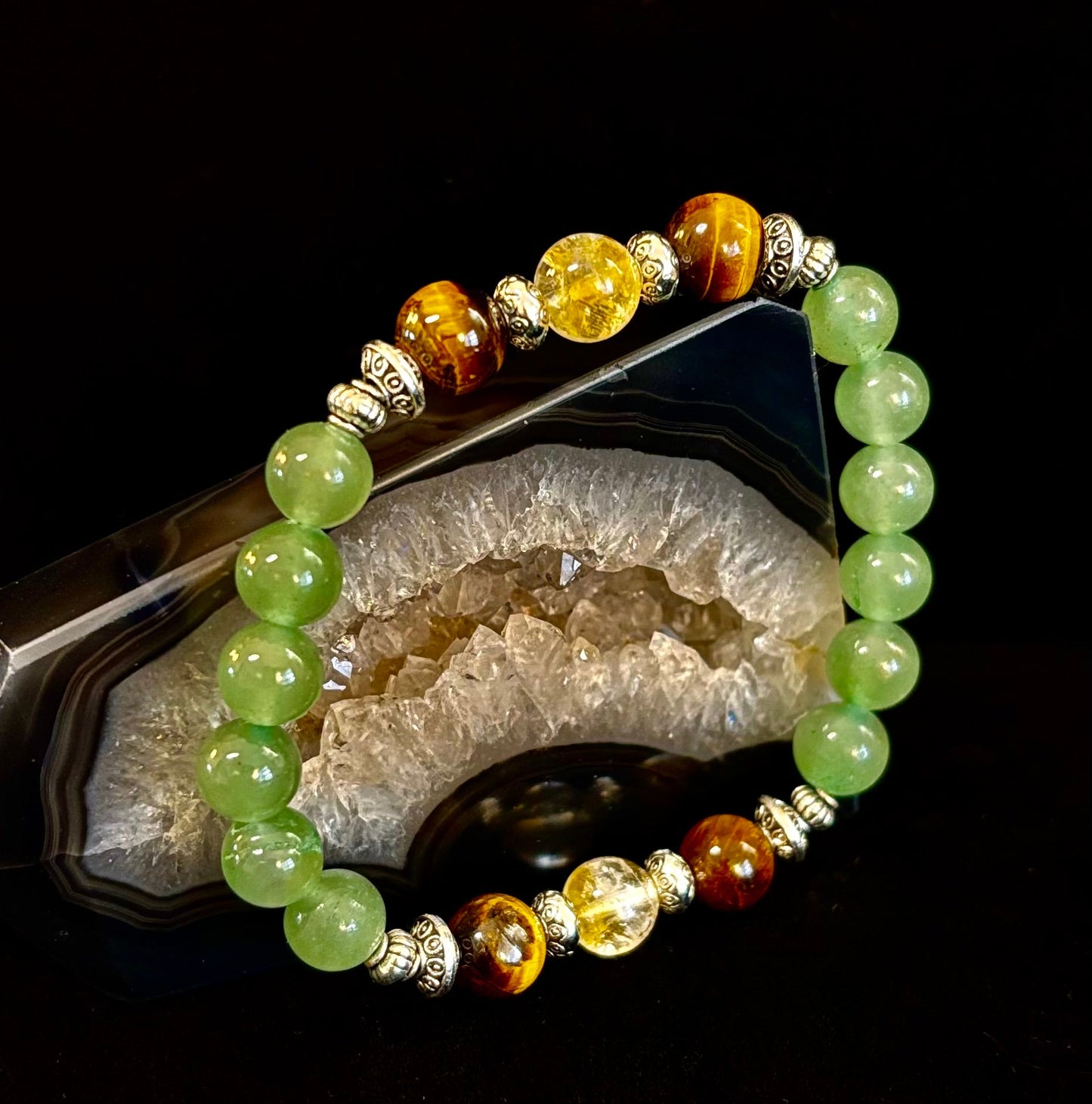 Pulsera de Intención Abundancia y Suerte – Citrino, Ojo de Tigre y Aventurina Verde Infusionados con Reiki