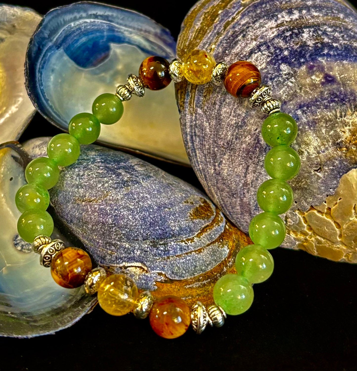 Pulsera de Intención Abundancia y Suerte – Citrino, Ojo de Tigre y Aventurina Verde Infusionados con Reiki