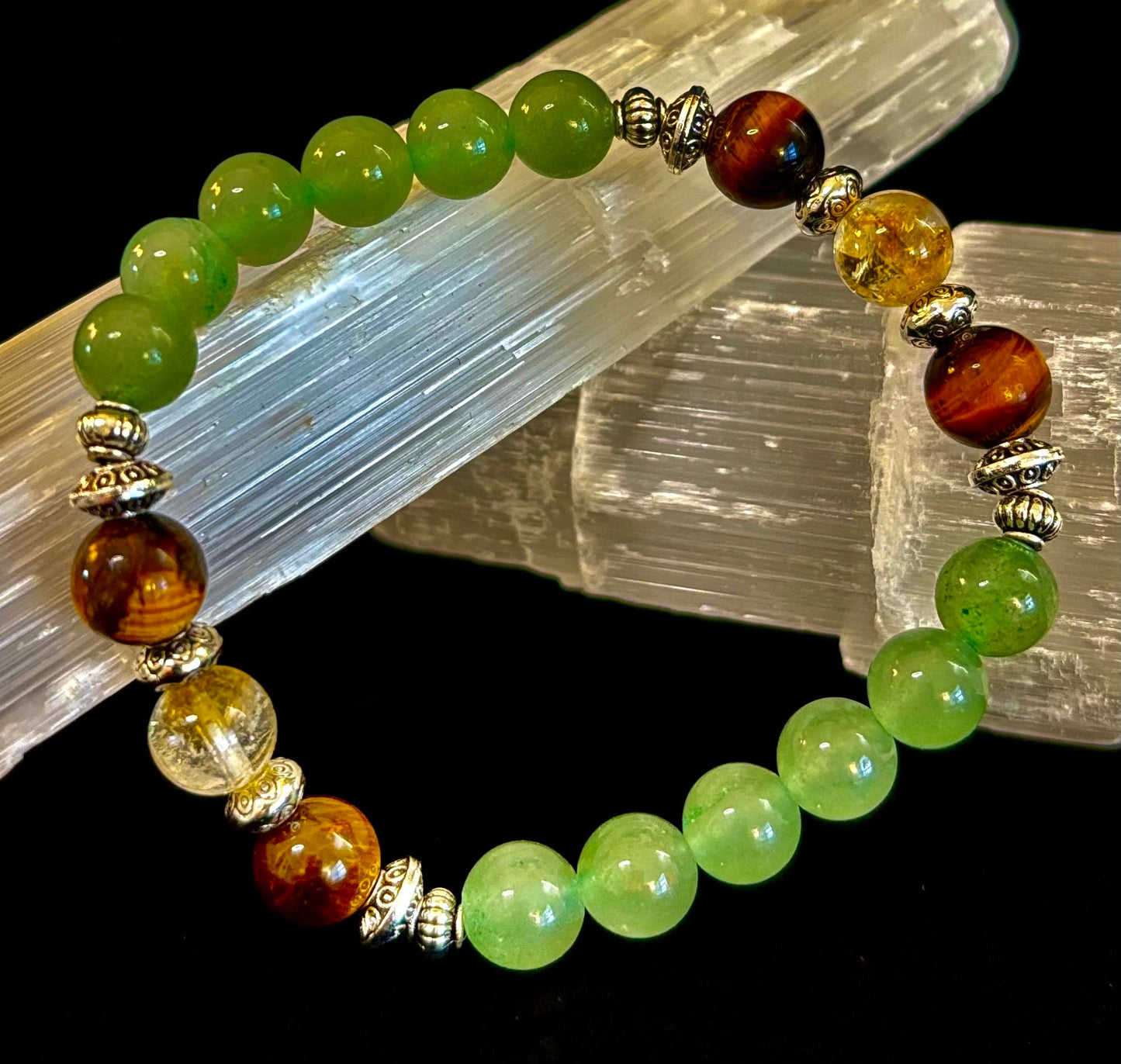 Pulsera de Intención Abundancia y Suerte – Citrino, Ojo de Tigre y Aventurina Verde Infusionados con Reiki