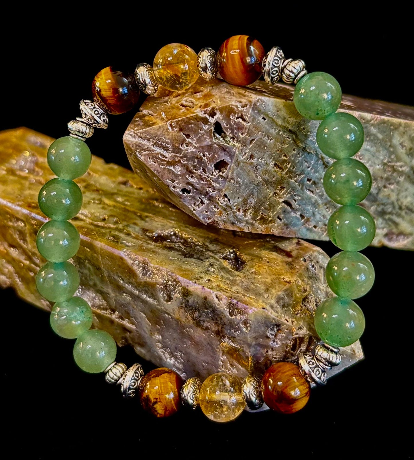 Pulsera de Intención Abundancia y Suerte – Citrino, Ojo de Tigre y Aventurina Verde Infusionados con Reiki