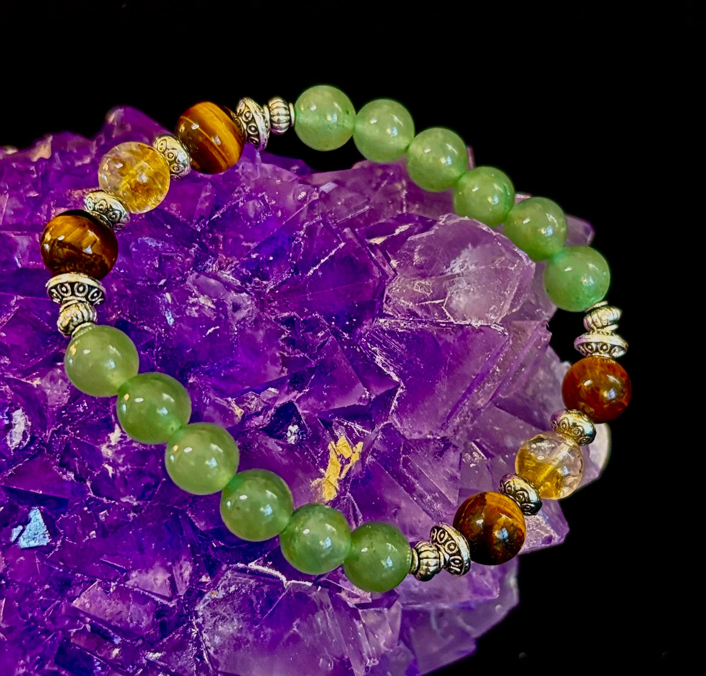 Pulsera de Intención Abundancia y Suerte – Citrino, Ojo de Tigre y Aventurina Verde Infusionados con Reiki