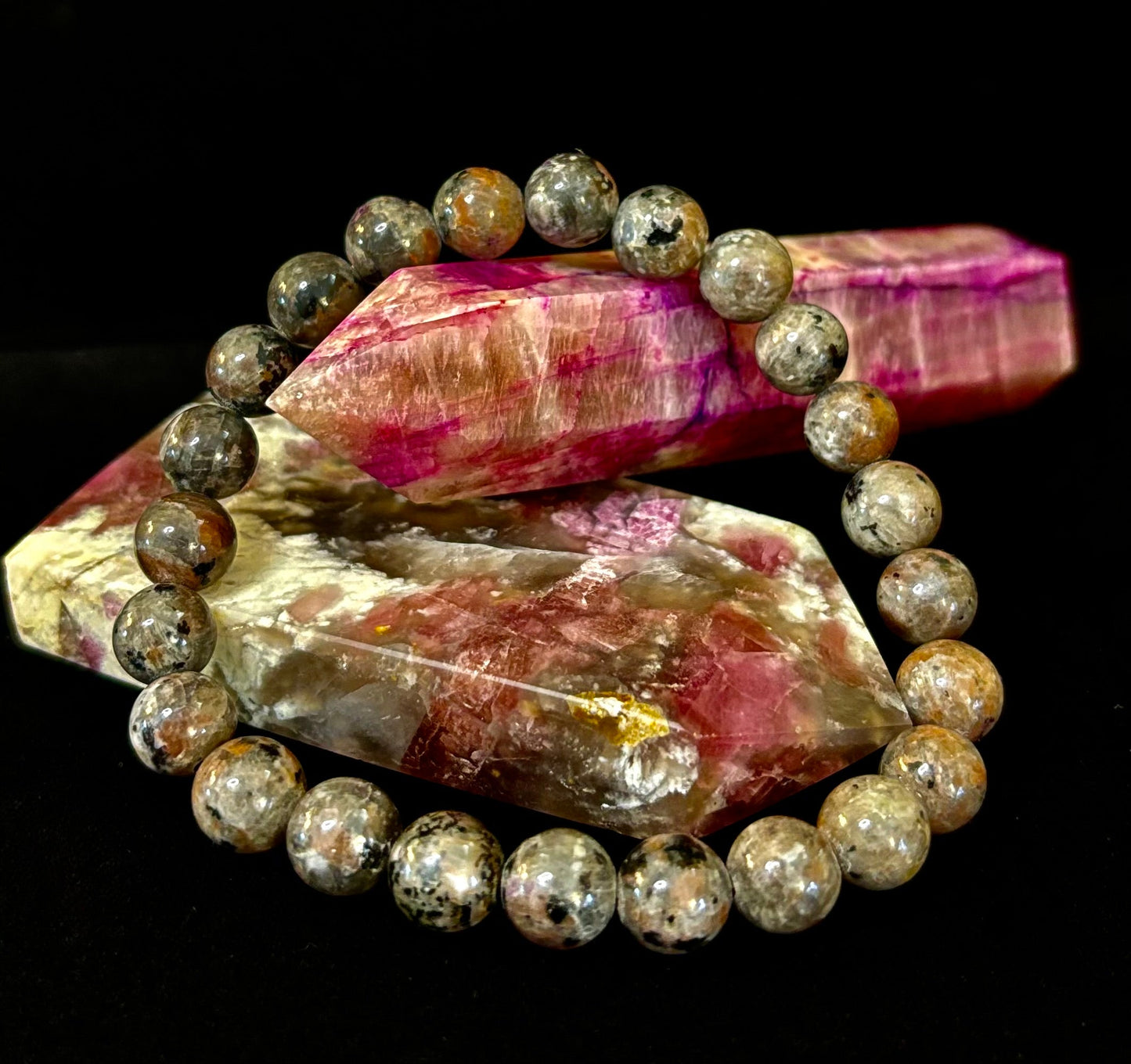 Pulsera de conexión a tierra Yooperlite – Piedra natural reactiva a los rayos UV, cuentas de 8 mm (muñecas grandes)