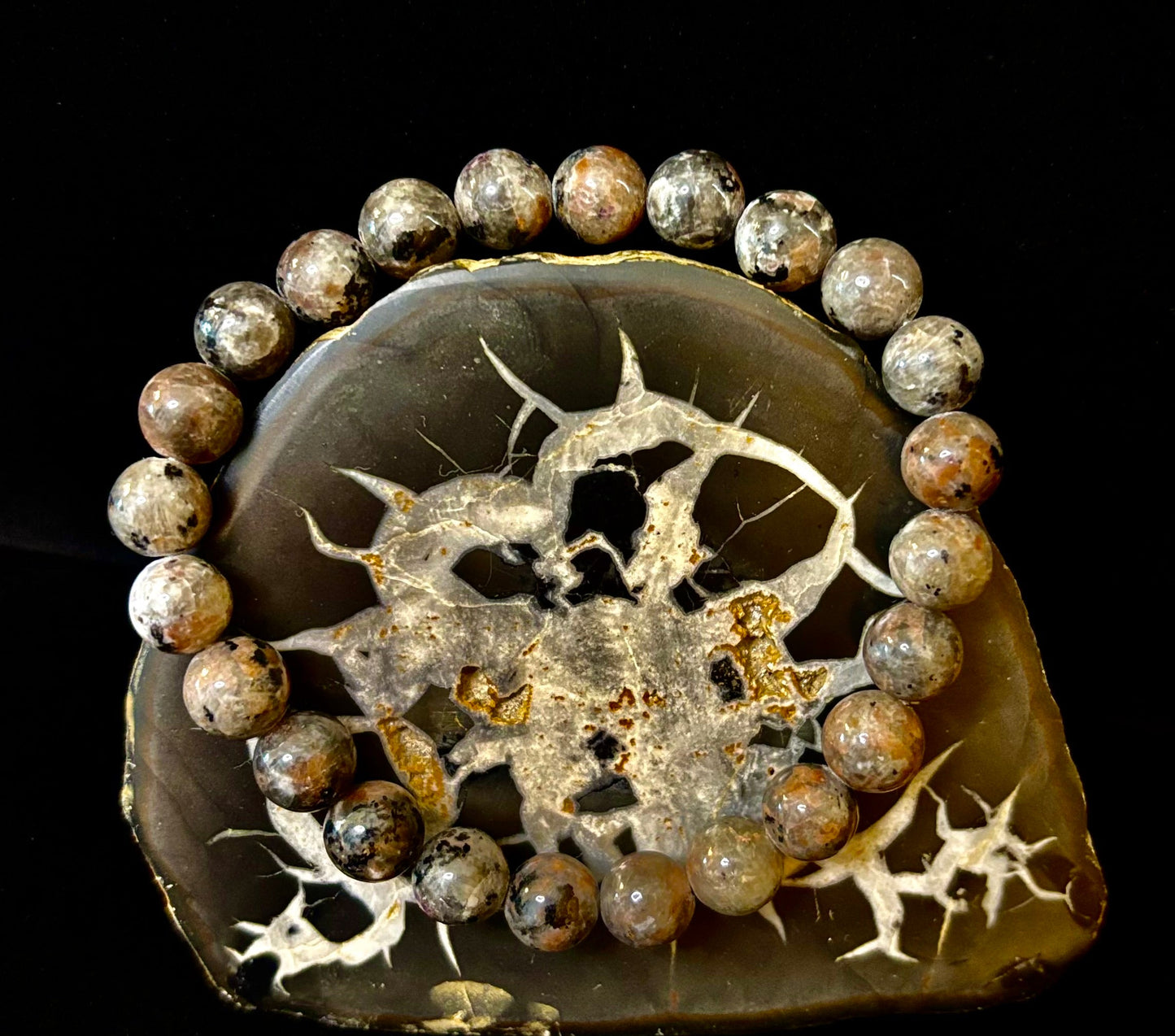 Pulsera de conexión a tierra Yooperlite – Piedra natural reactiva a los rayos UV, cuentas de 8 mm (muñecas grandes)