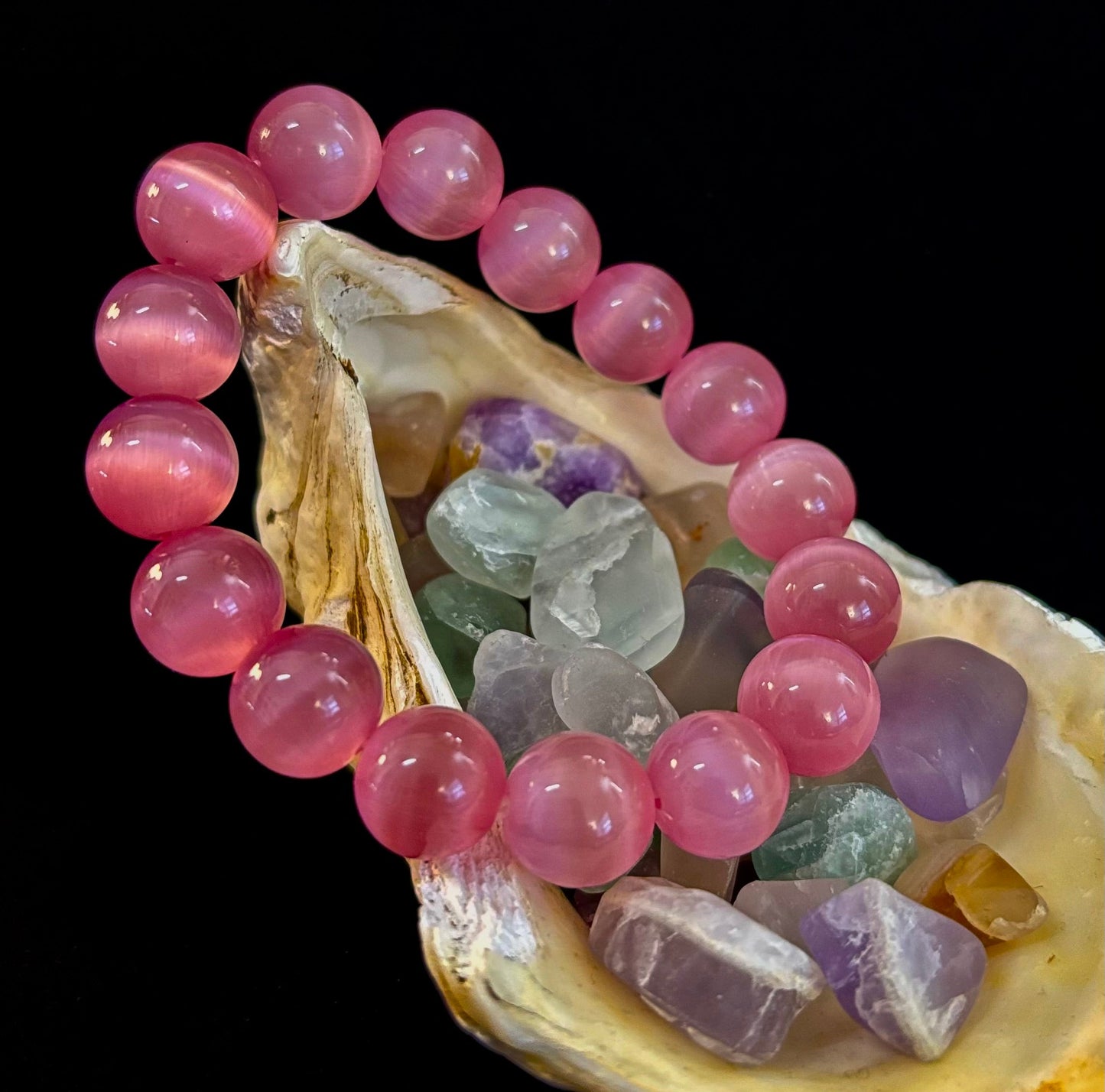 Pulsera Ojo de Gato Rosa (Cuentas de 12mm) – Pulsera Atrevida con Brillo Declarativo