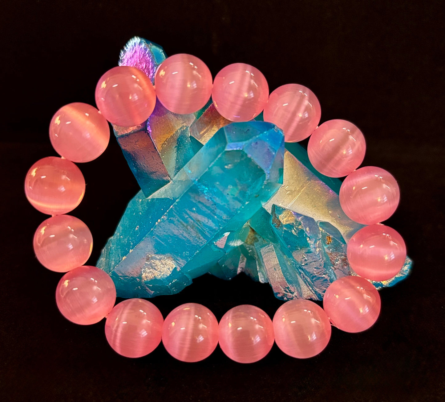 Pulsera Ojo de Gato Rosa (Cuentas de 12mm) – Pulsera Atrevida con Brillo Declarativo
