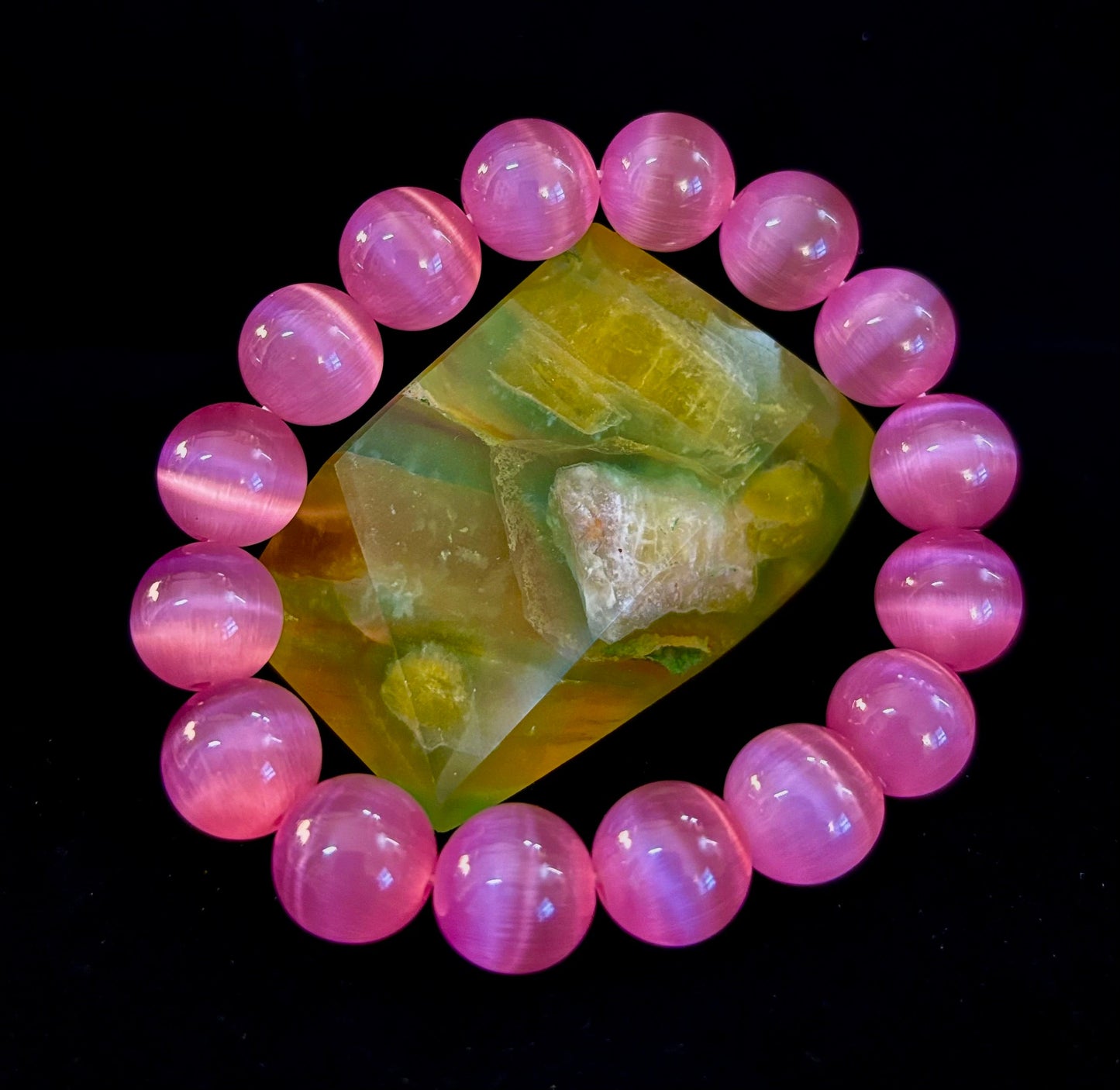 Pulsera Ojo de Gato Rosa (Cuentas de 12mm) – Pulsera Atrevida con Brillo Declarativo