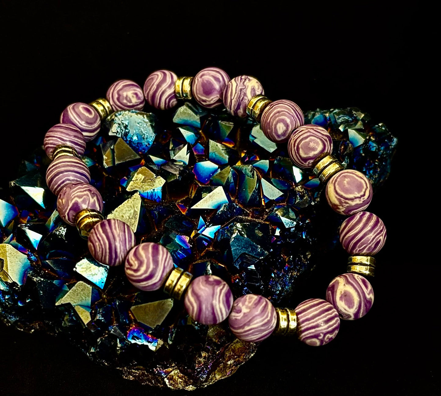 Pulsera Artesanal de Malaquita Morada - 8"-8.5" - Para Muñecas Grandes y Extra Grandes