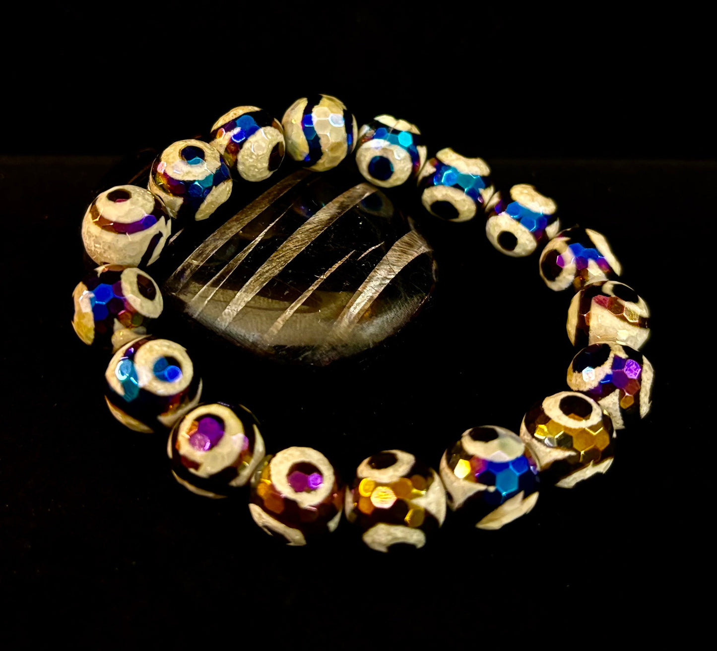 Pulsera de ojo turco de ágata mexicana — Pulsera de cuentas de ágata natural extraída de la tierra inspirada en Puerto Vallarta (12 mm, para muñecas medianas a grandes)