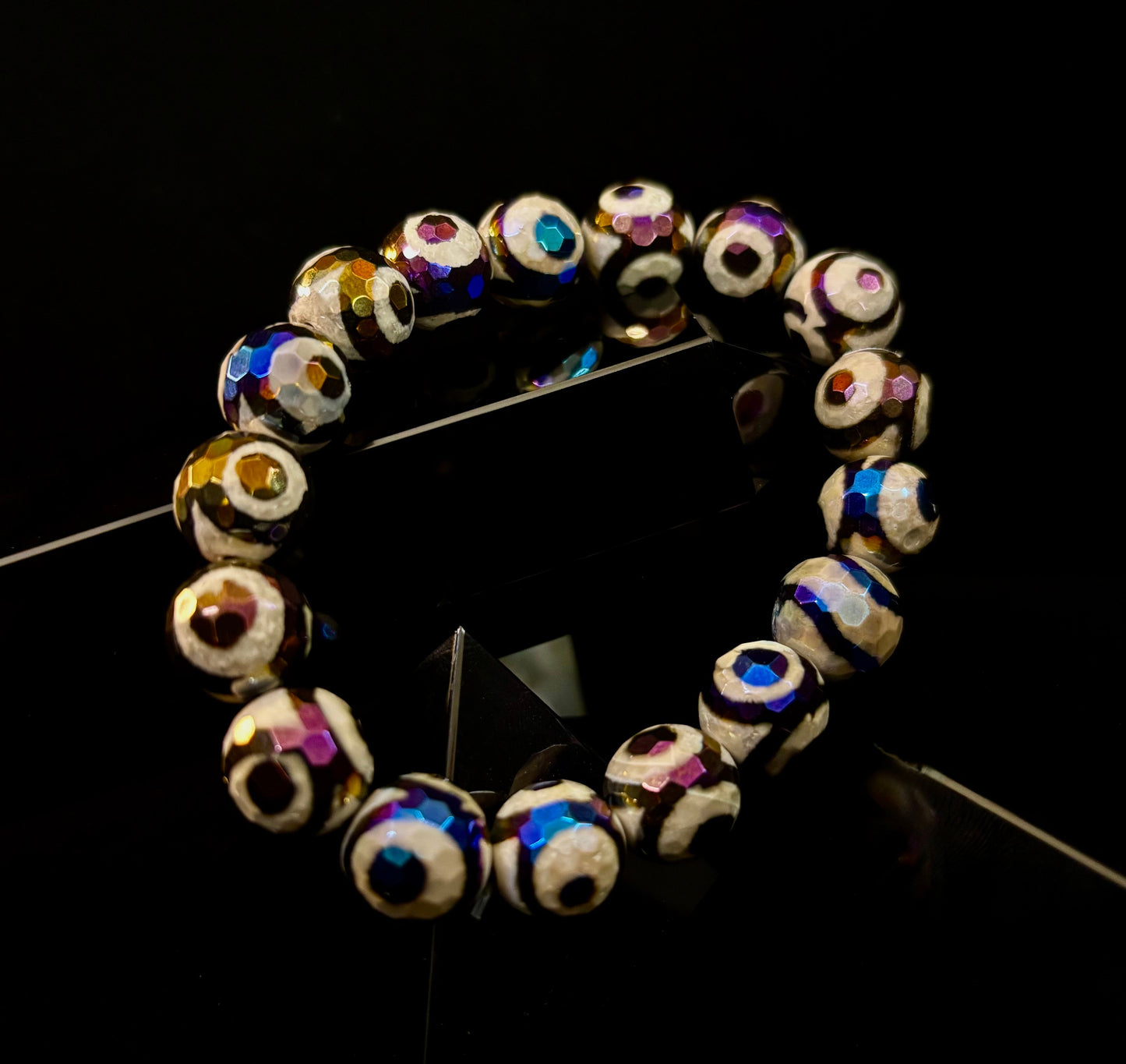 Pulsera de ojo turco de ágata mexicana — Pulsera de cuentas de ágata natural extraída de la tierra inspirada en Puerto Vallarta (12 mm, para muñecas medianas a grandes)