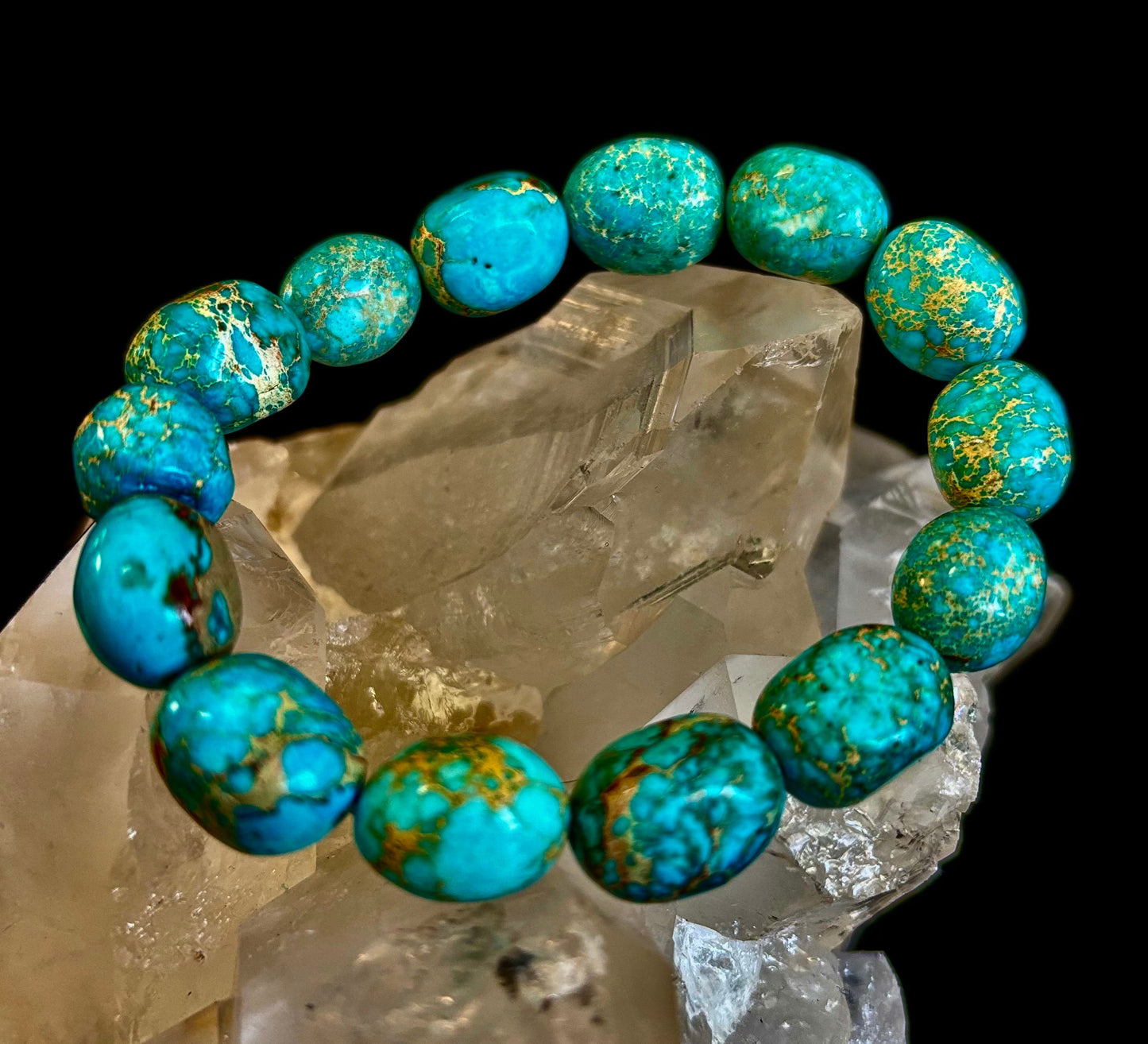 Pulsera elástica de pepitas de jaspe imperial — Pulsera llamativa de jaspe verde turquesa natural (para muñecas medianas a grandes)