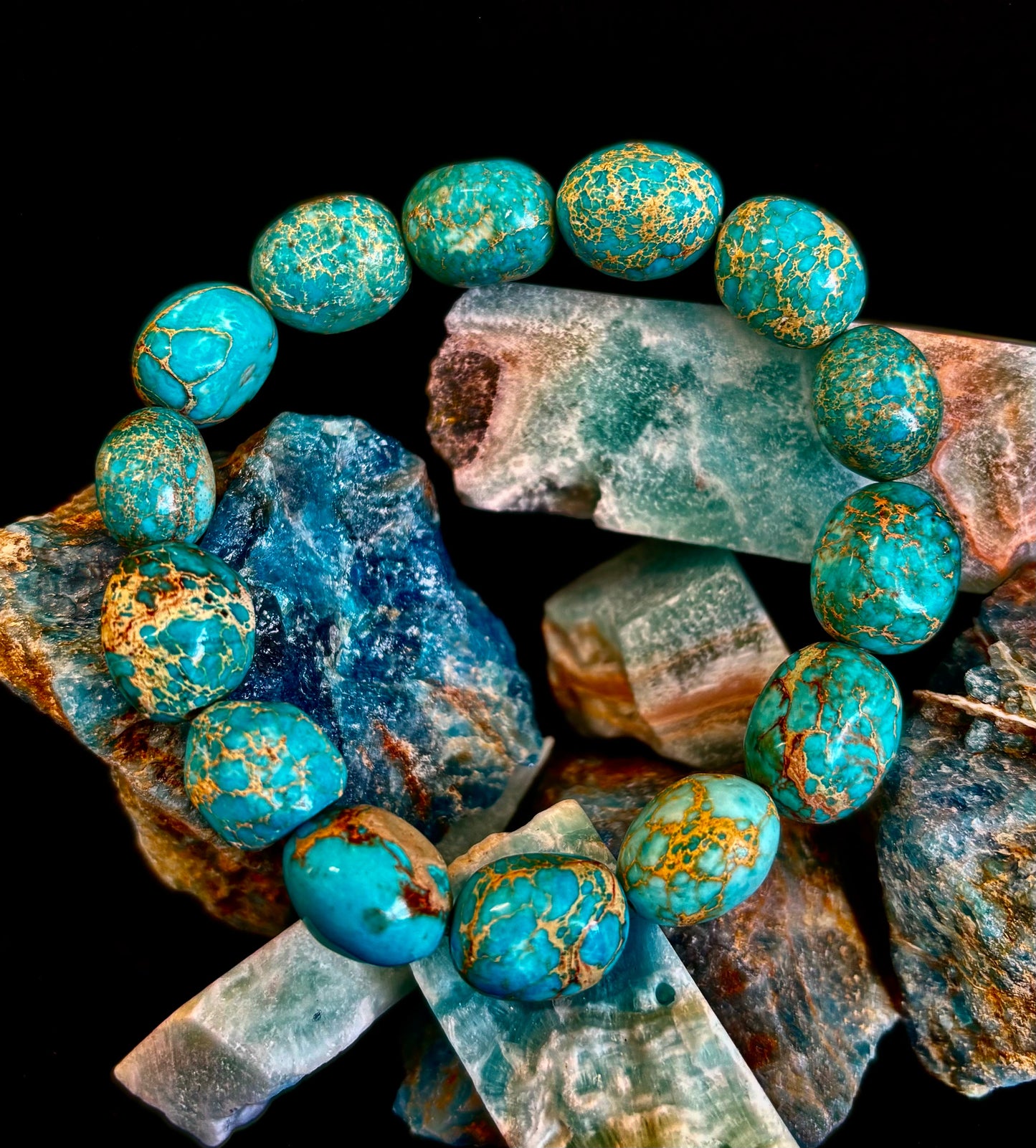 Pulsera elástica de pepitas de jaspe imperial — Pulsera llamativa de jaspe verde turquesa natural (para muñecas medianas a grandes)