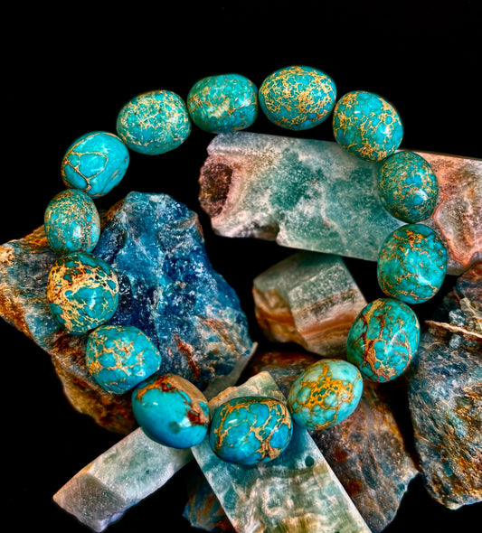 Pulsera elástica de pepitas de jaspe imperial — Pulsera llamativa de jaspe verde turquesa natural (para muñecas medianas a grandes)