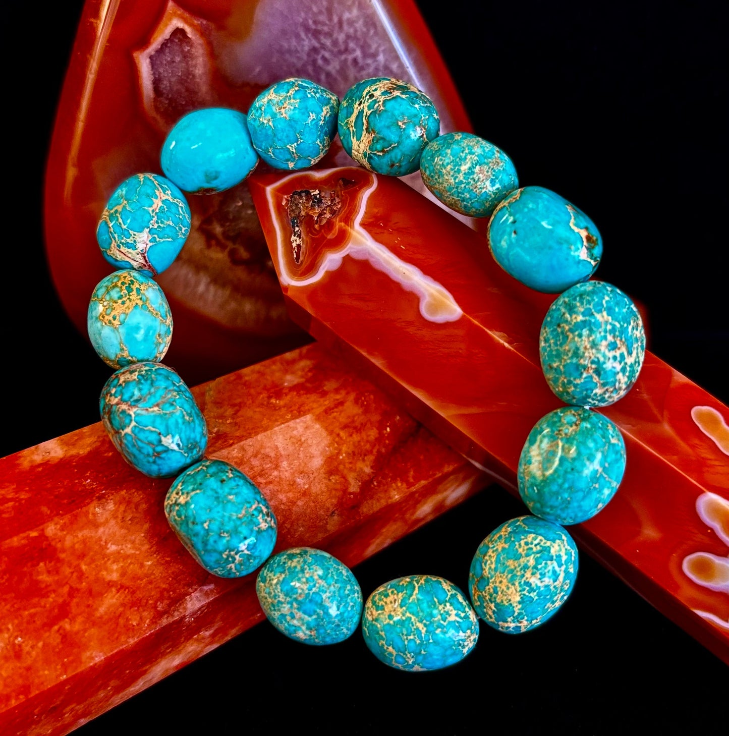 Pulsera elástica de pepitas de jaspe imperial — Pulsera llamativa de jaspe verde turquesa natural (para muñecas medianas a grandes)