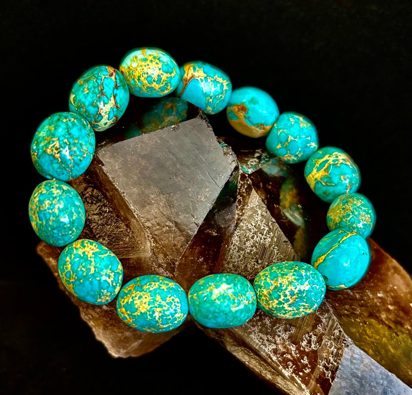 Pulsera elástica de pepitas de jaspe imperial — Pulsera llamativa de jaspe verde turquesa natural (para muñecas medianas a grandes)