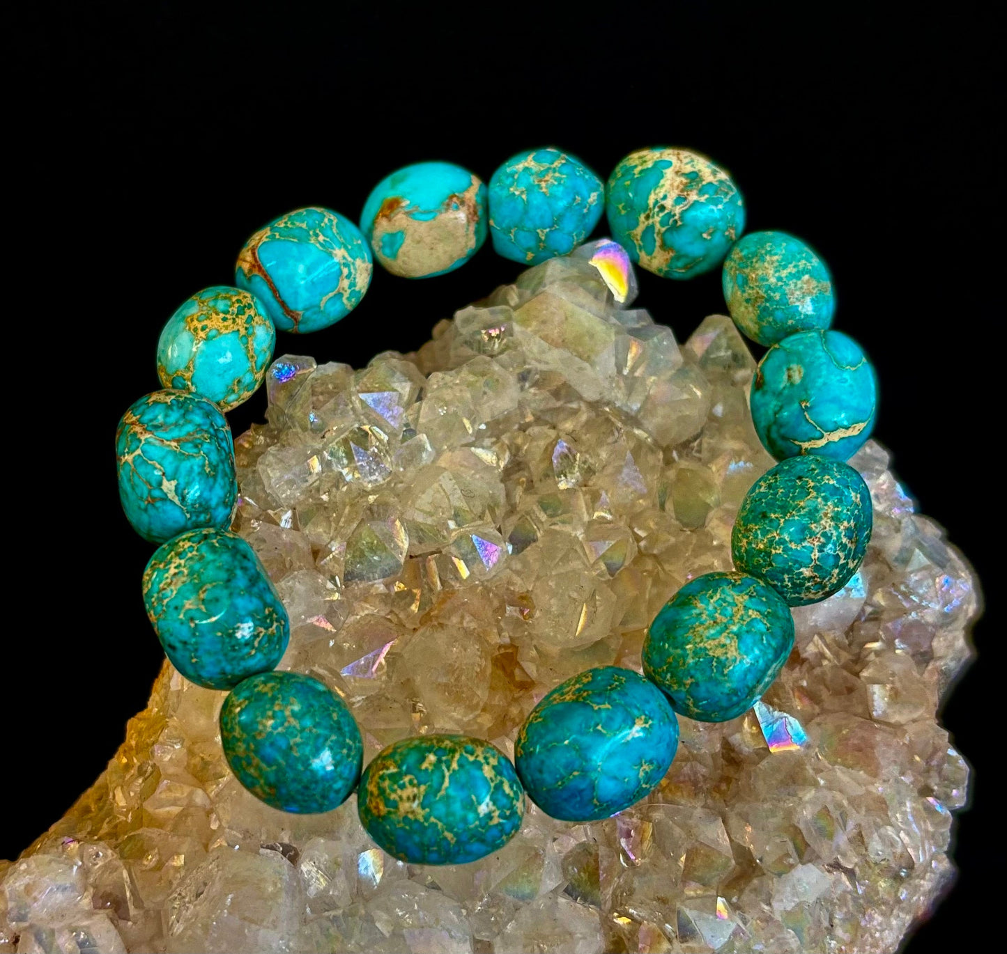 Pulsera elástica de pepitas de jaspe imperial — Pulsera llamativa de jaspe verde turquesa natural (para muñecas medianas a grandes)